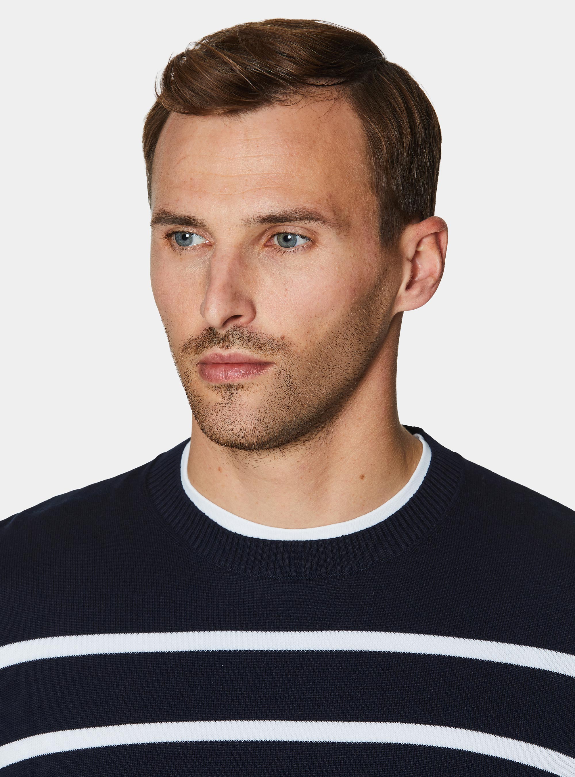 Maglia girocollo in cotone extrafine rigato, BLU NAVY