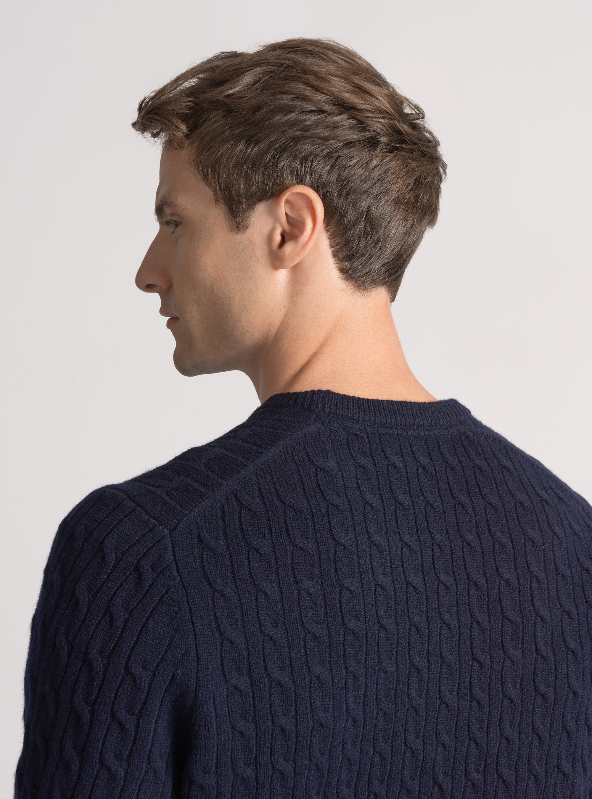 Maglia girocollo con treccia in lana e cashmere, BLU NAVY