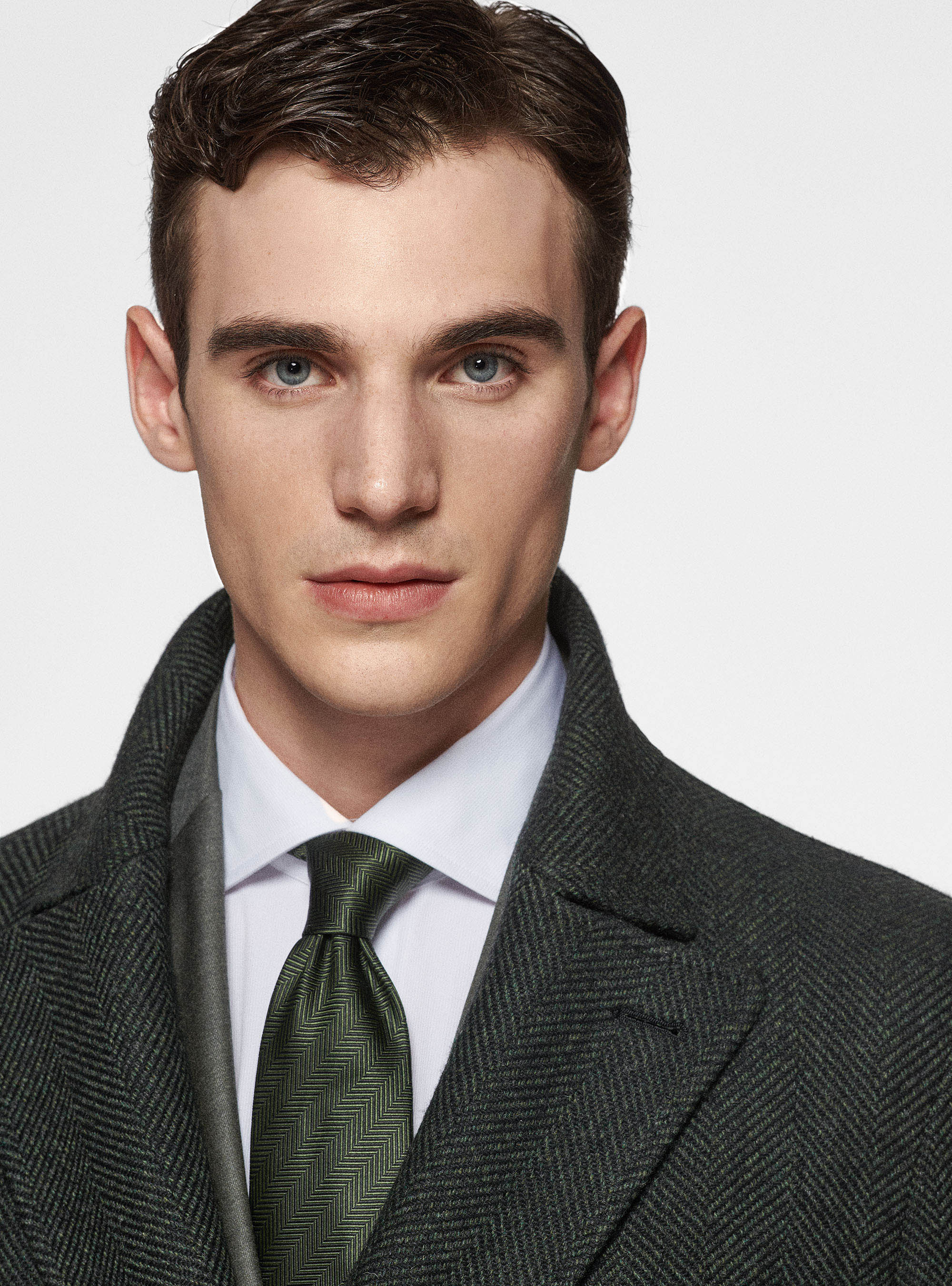 Double-breasted coat in herringbone wool blend, GREEN