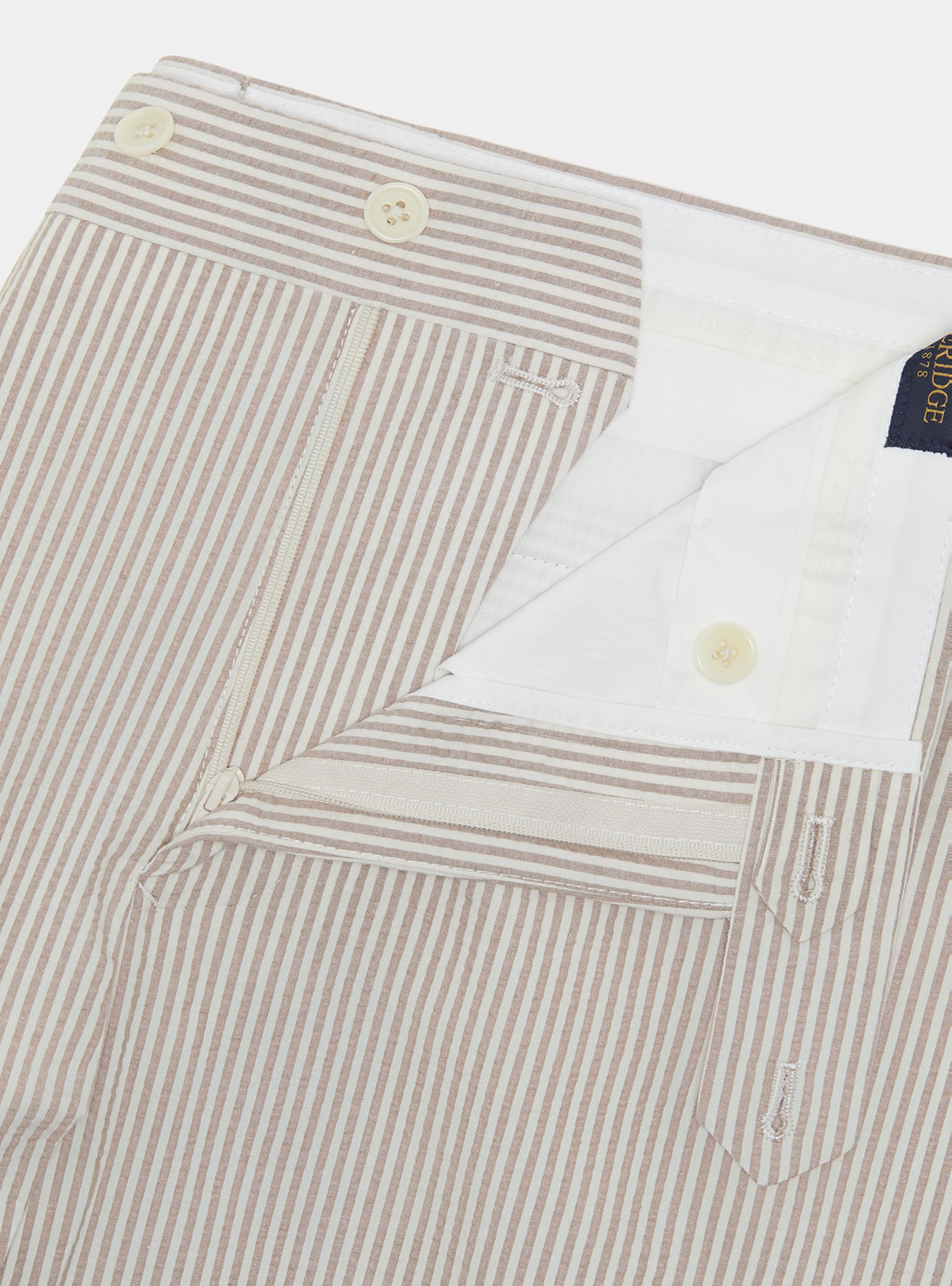 Pantalon seersucker en coton m&eacute;lang&eacute; ray&eacute;, SABLE
