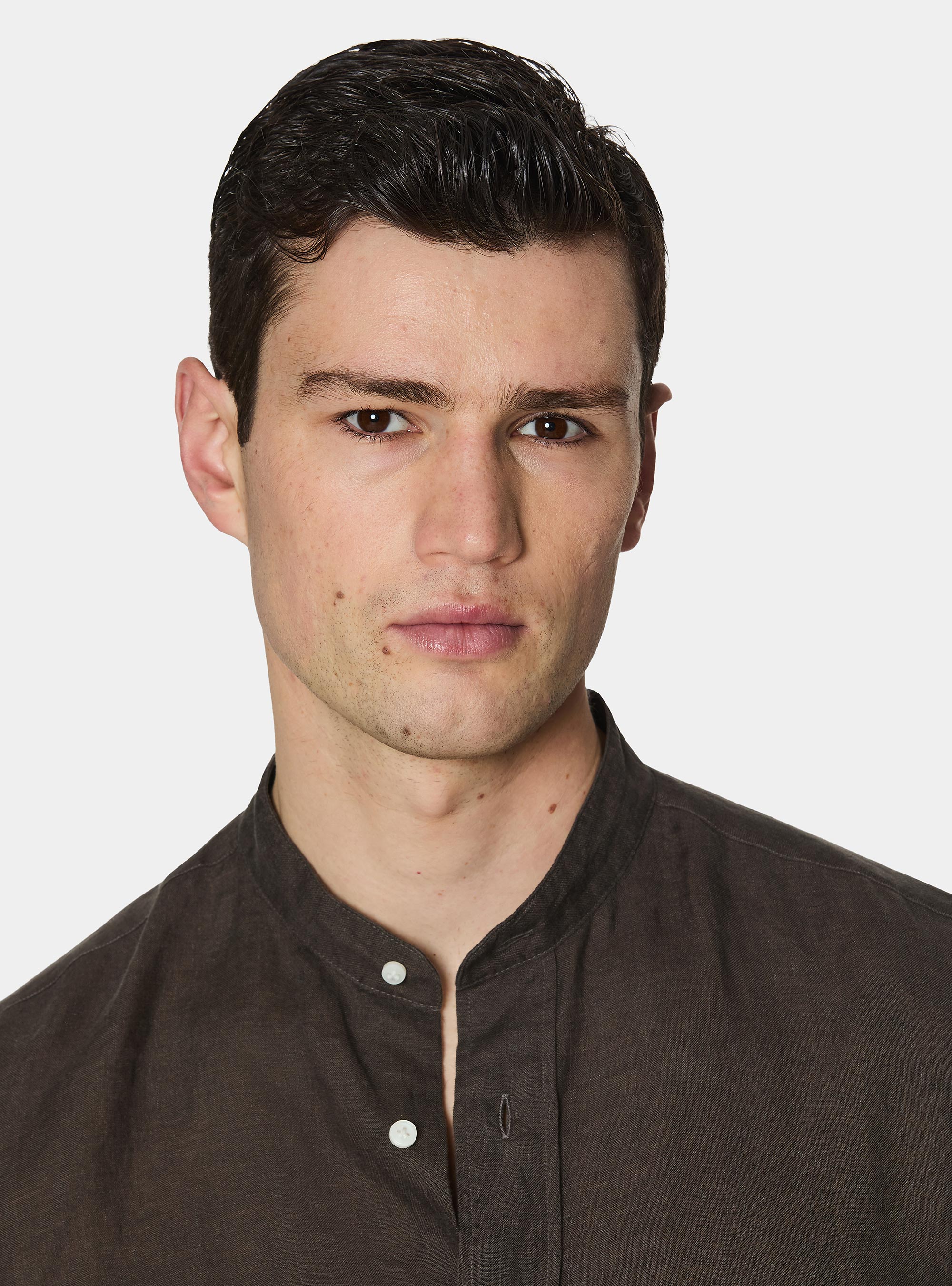 Camisa coreana de lino puro, MARRON