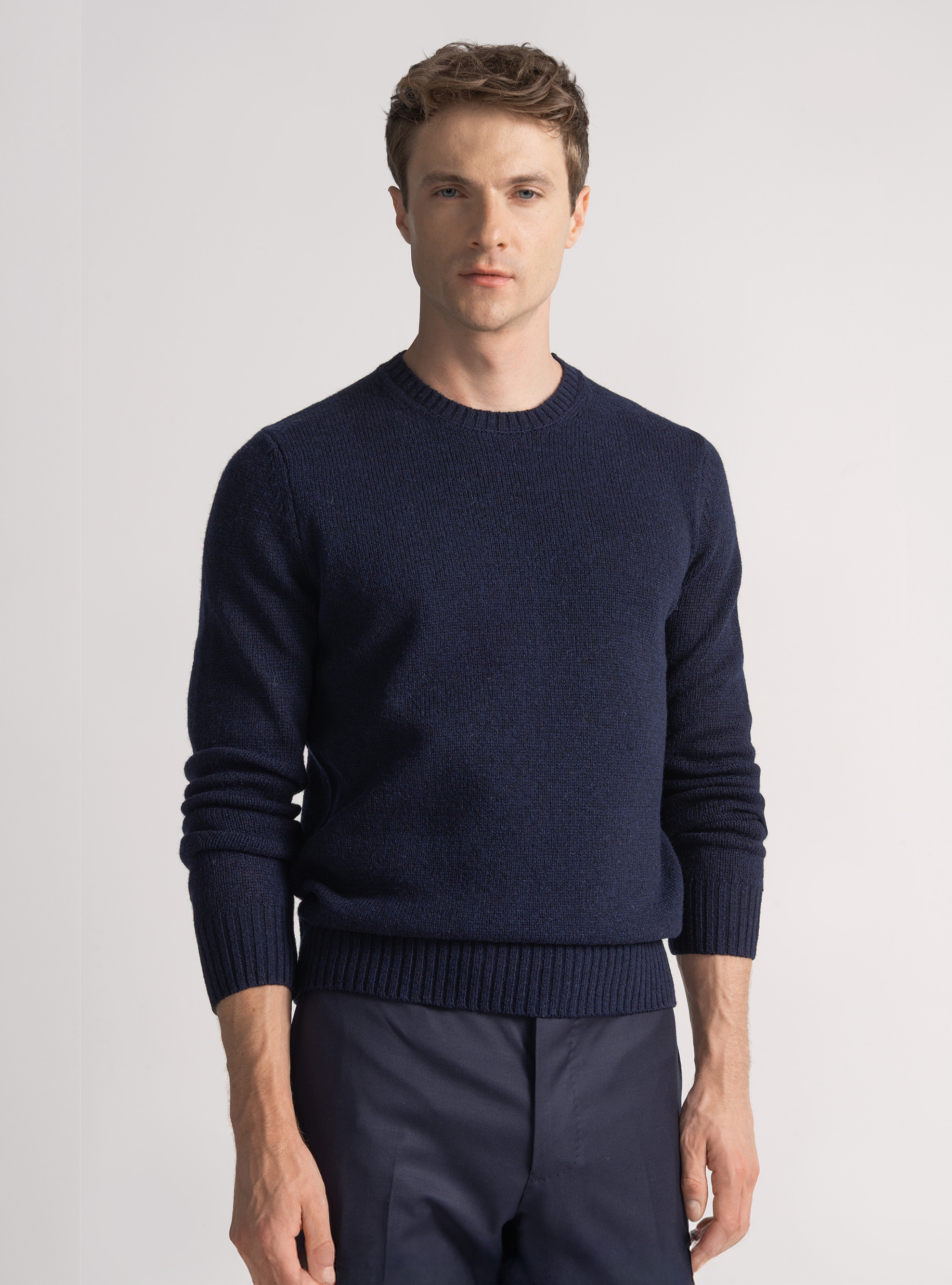 Maglia girocollo in lana shetland, BLU NAVY