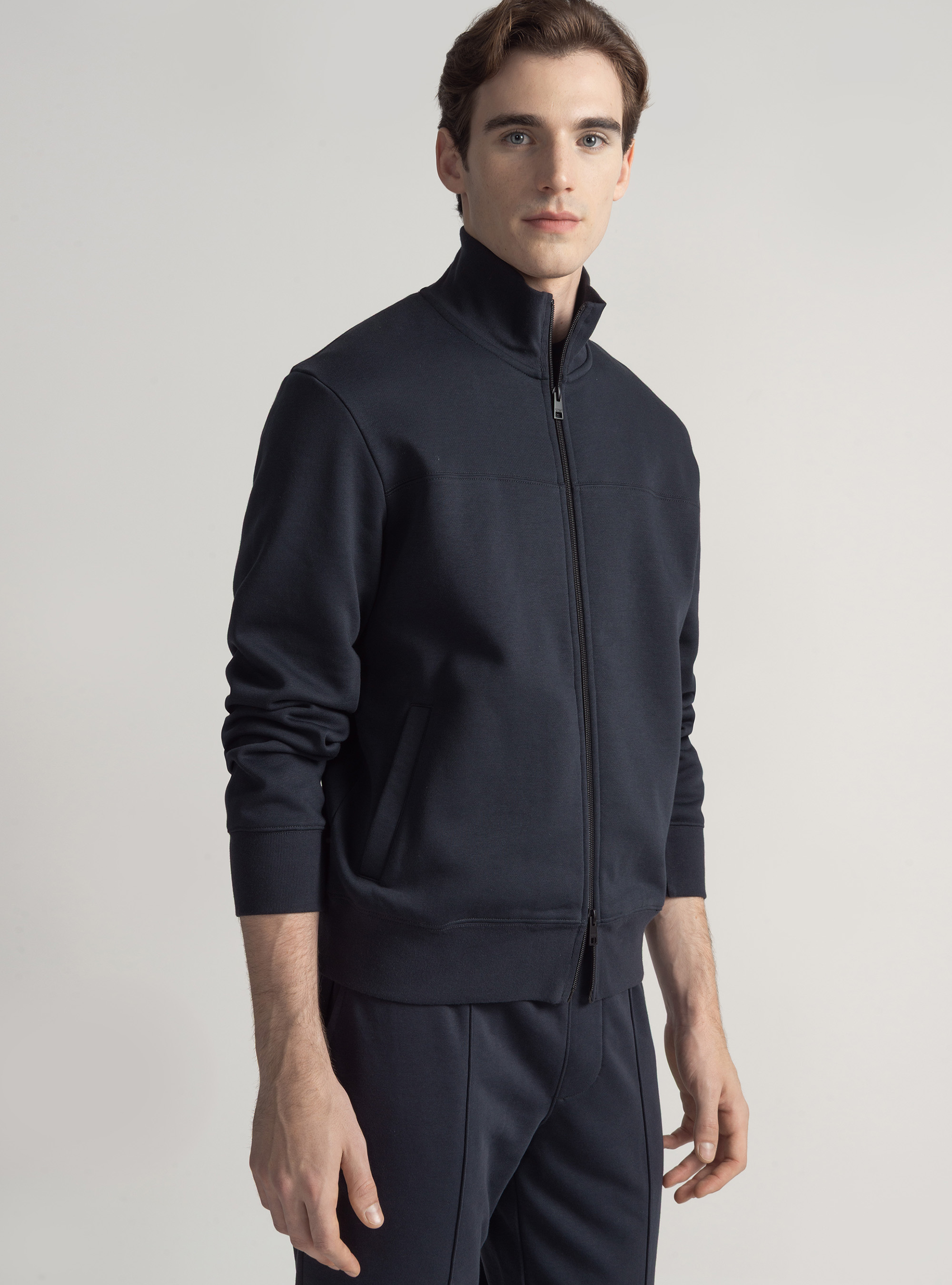 Sweatshirt zipp&eacute; en coton m&eacute;lang&eacute;, BLEU MARINE