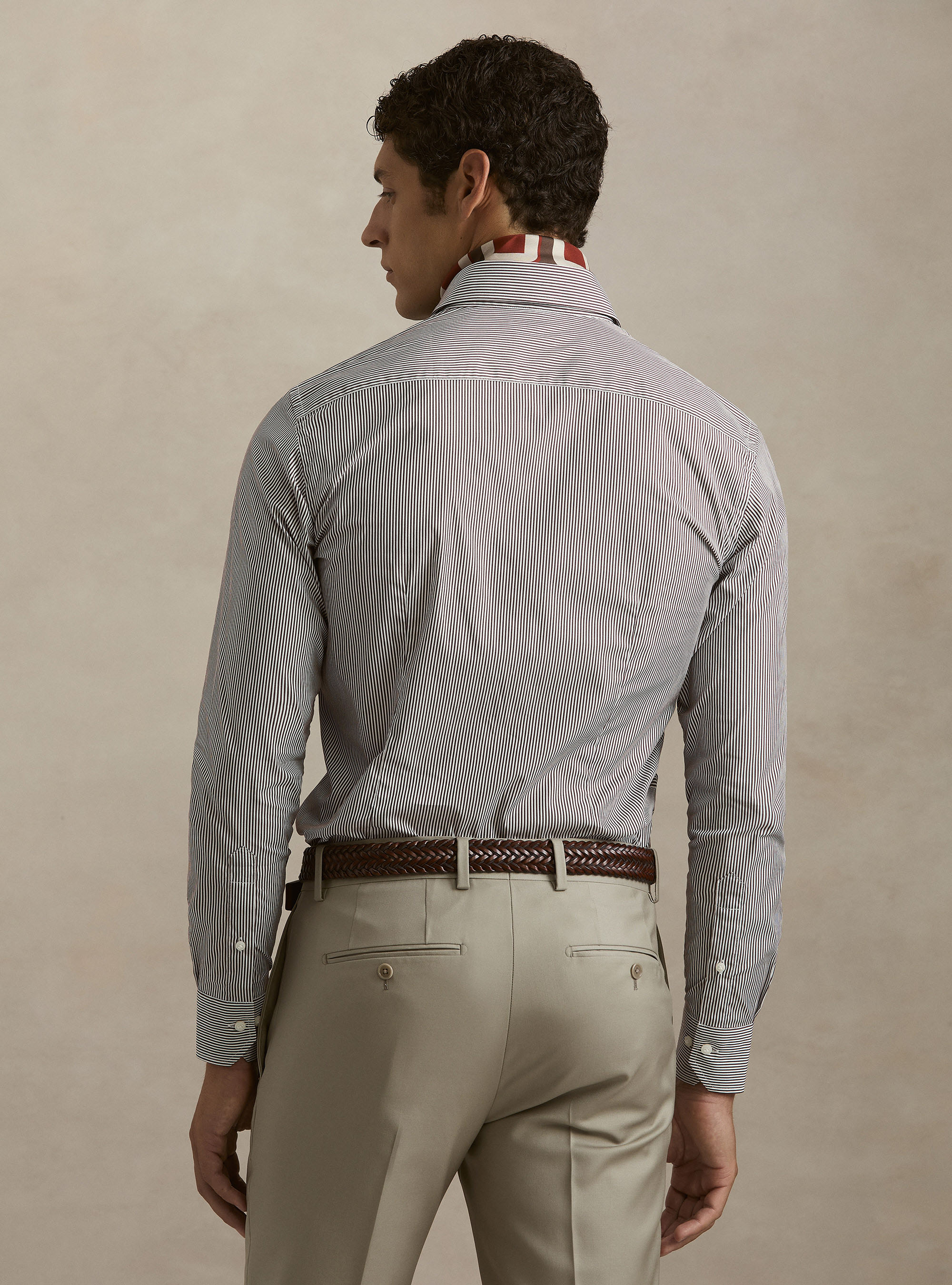 Camicia in cotone rigato popeline stretch, MARRONE