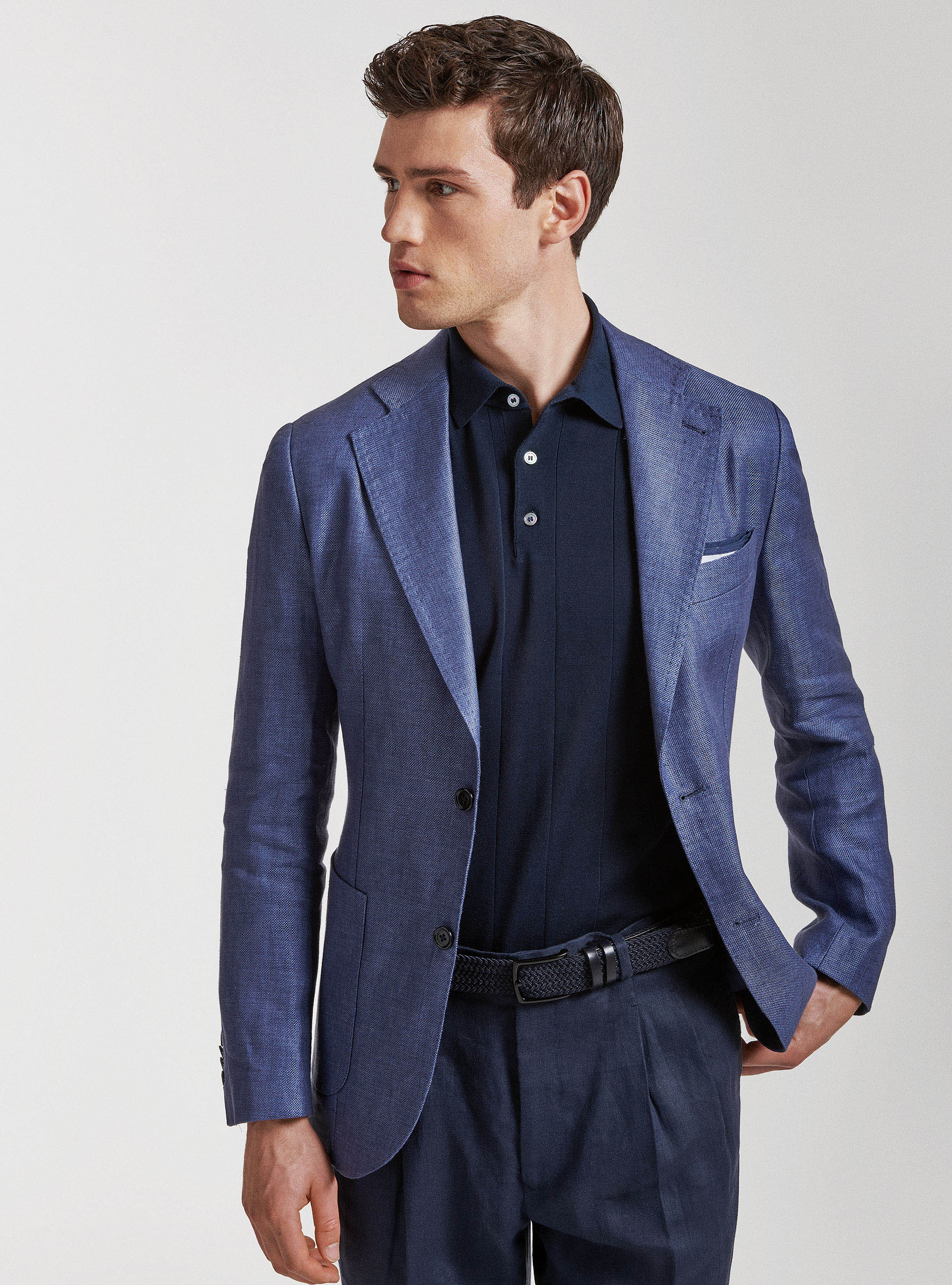Giacca in puro lino hopsack, BLU