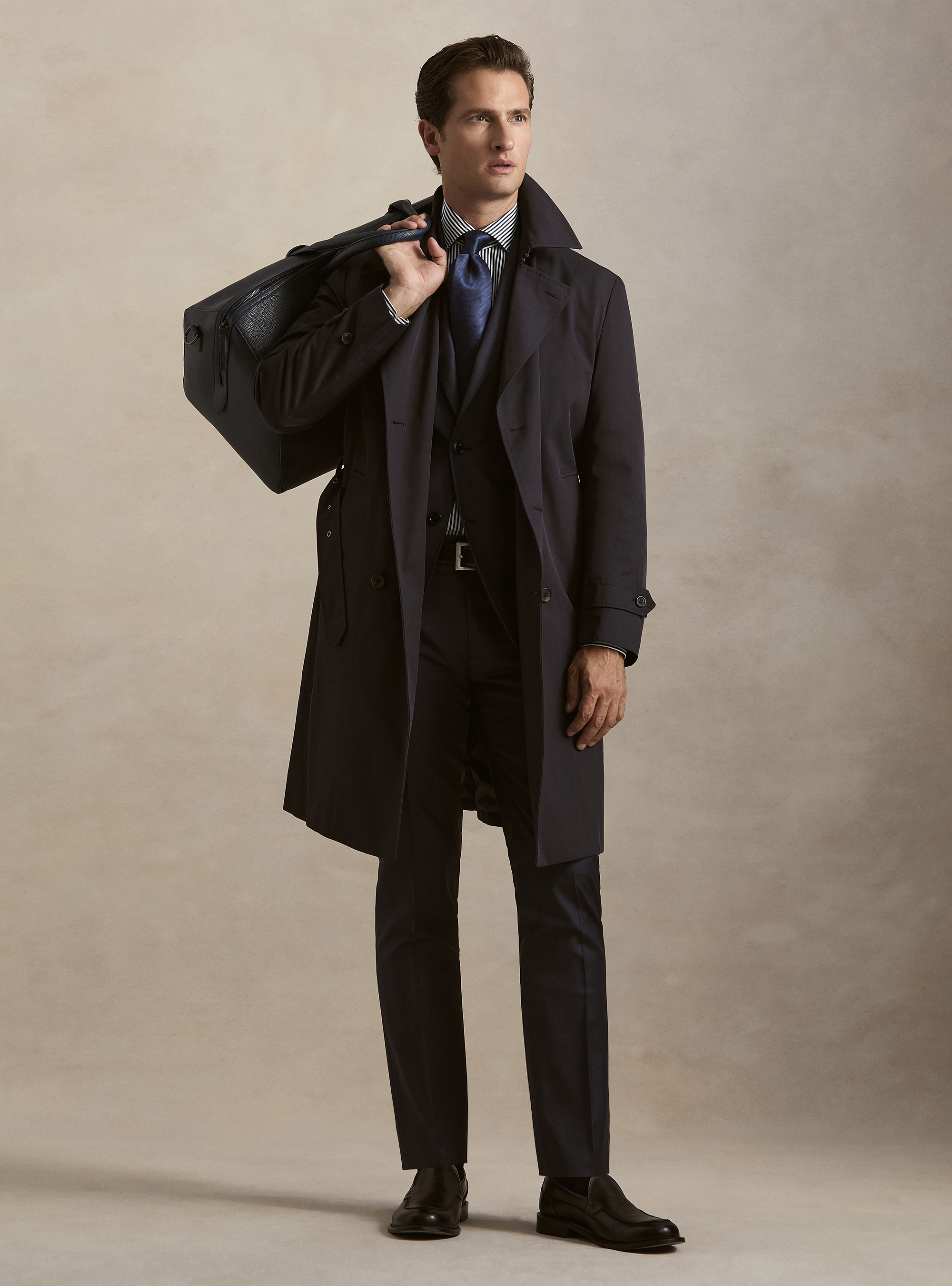 Double-breasted cotton blend trench coat, NAVY BLUE