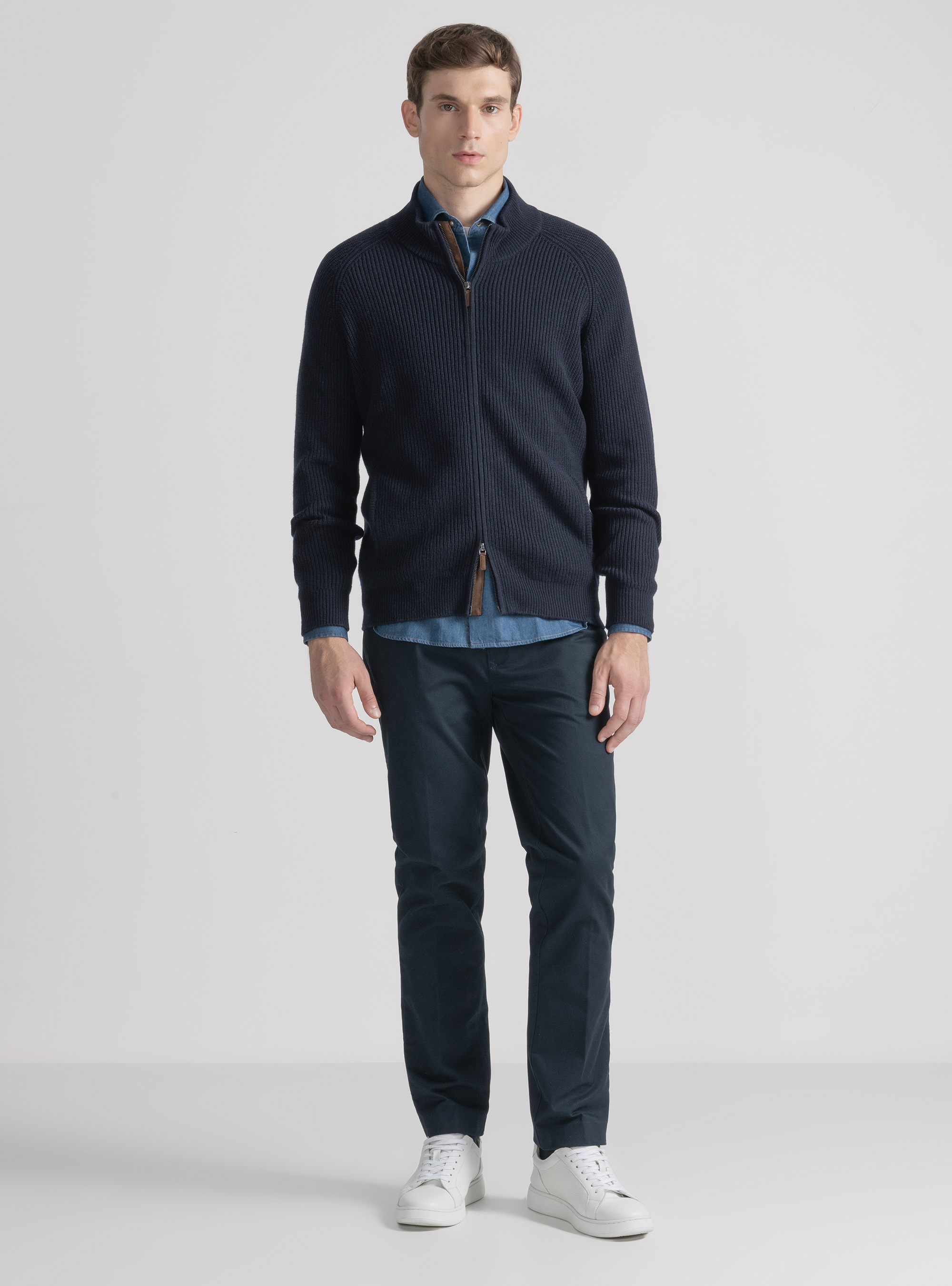 Merino wool raglan knitted zip cardigan, NAVY BLUE
