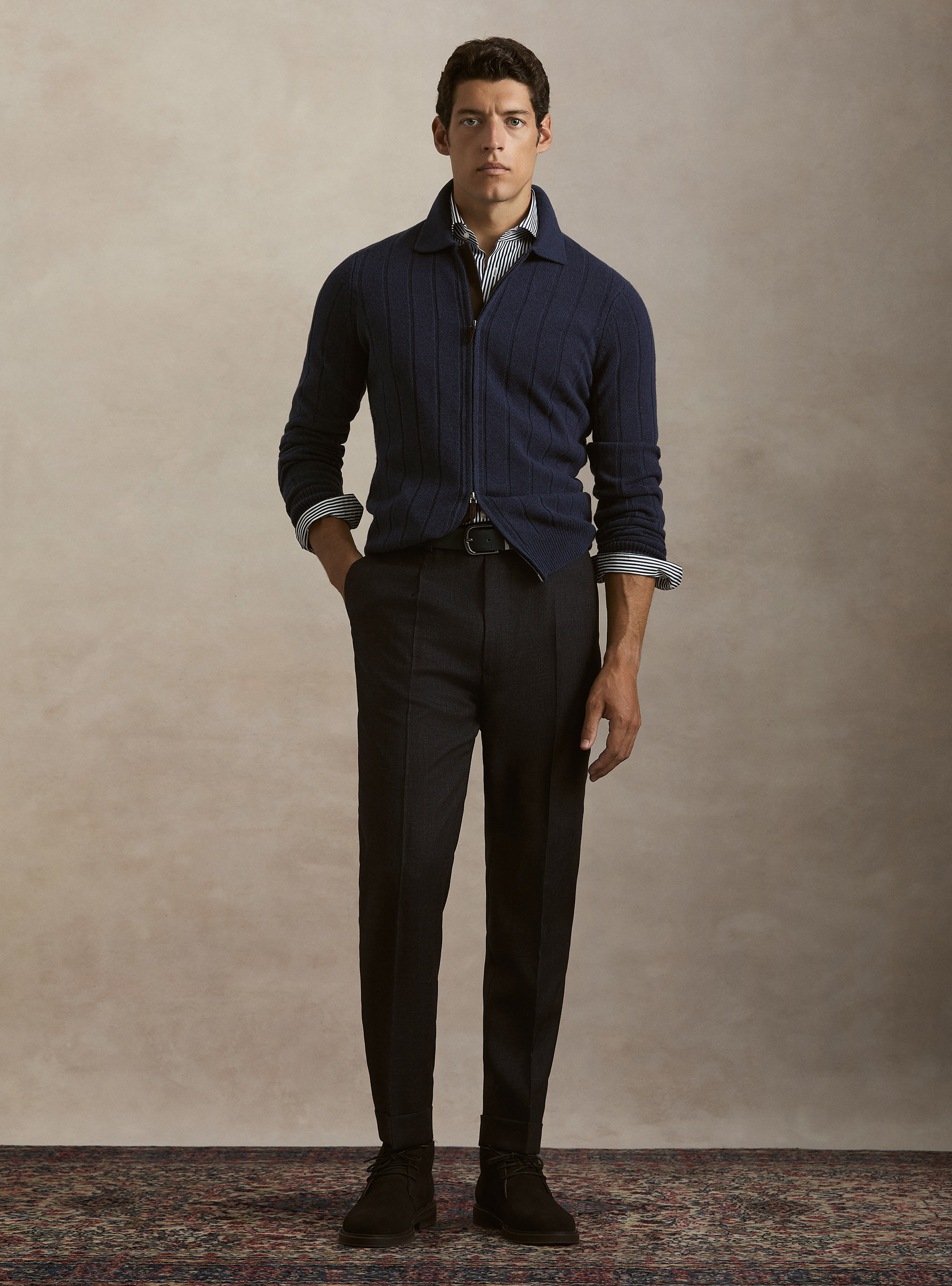 Full-zip wool-cashmere flat-ribbed sweater, INK
