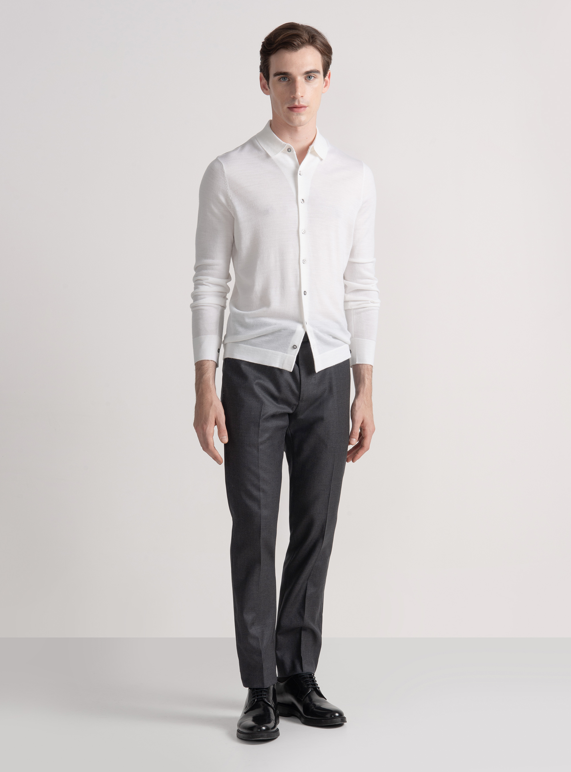 Extra-fine merino wool knit polo shirt, WHITE