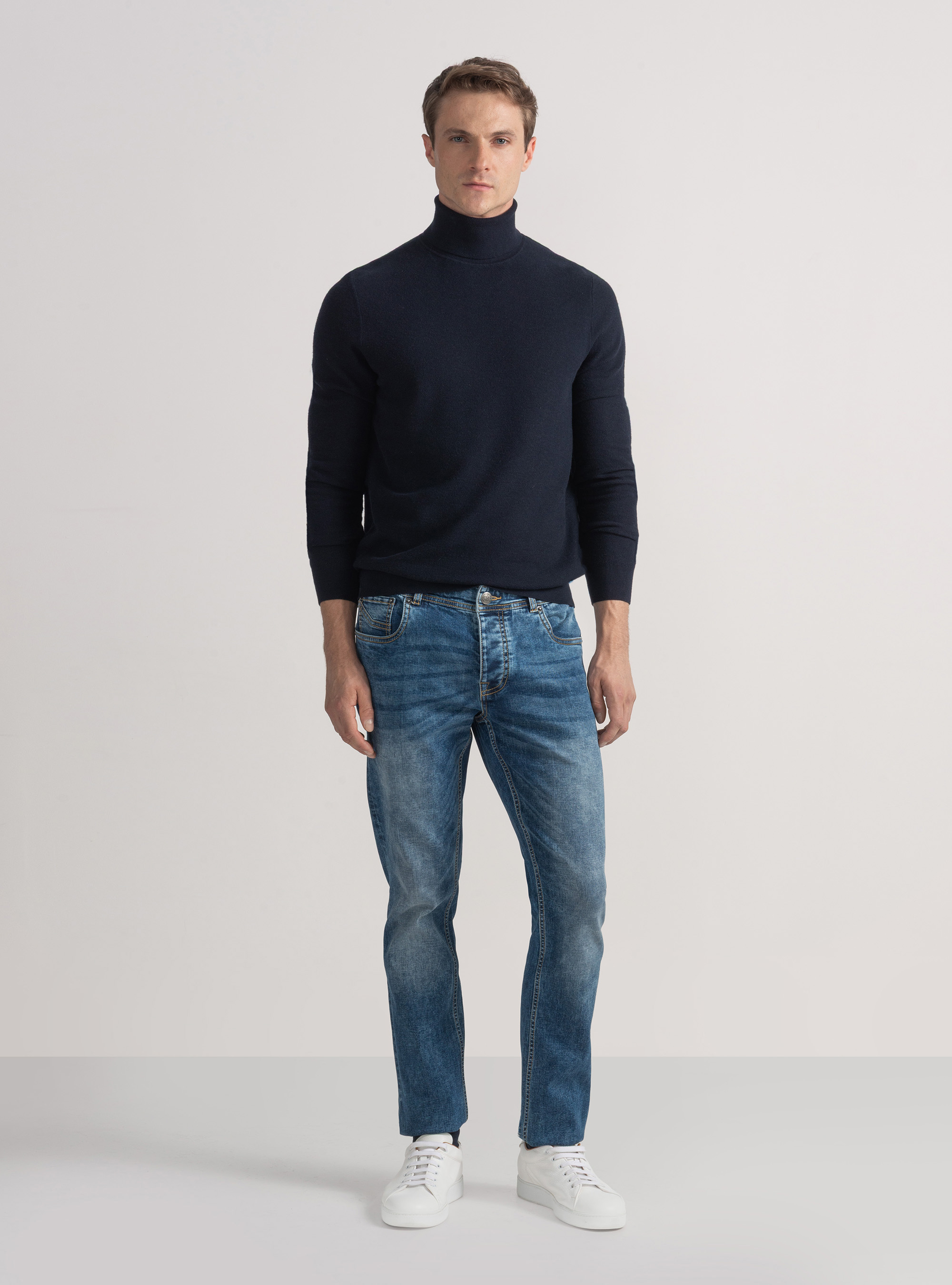 Rollkragenpullover mit Wabenmuster aus Baumwollkaschmir, NAVY 0218C