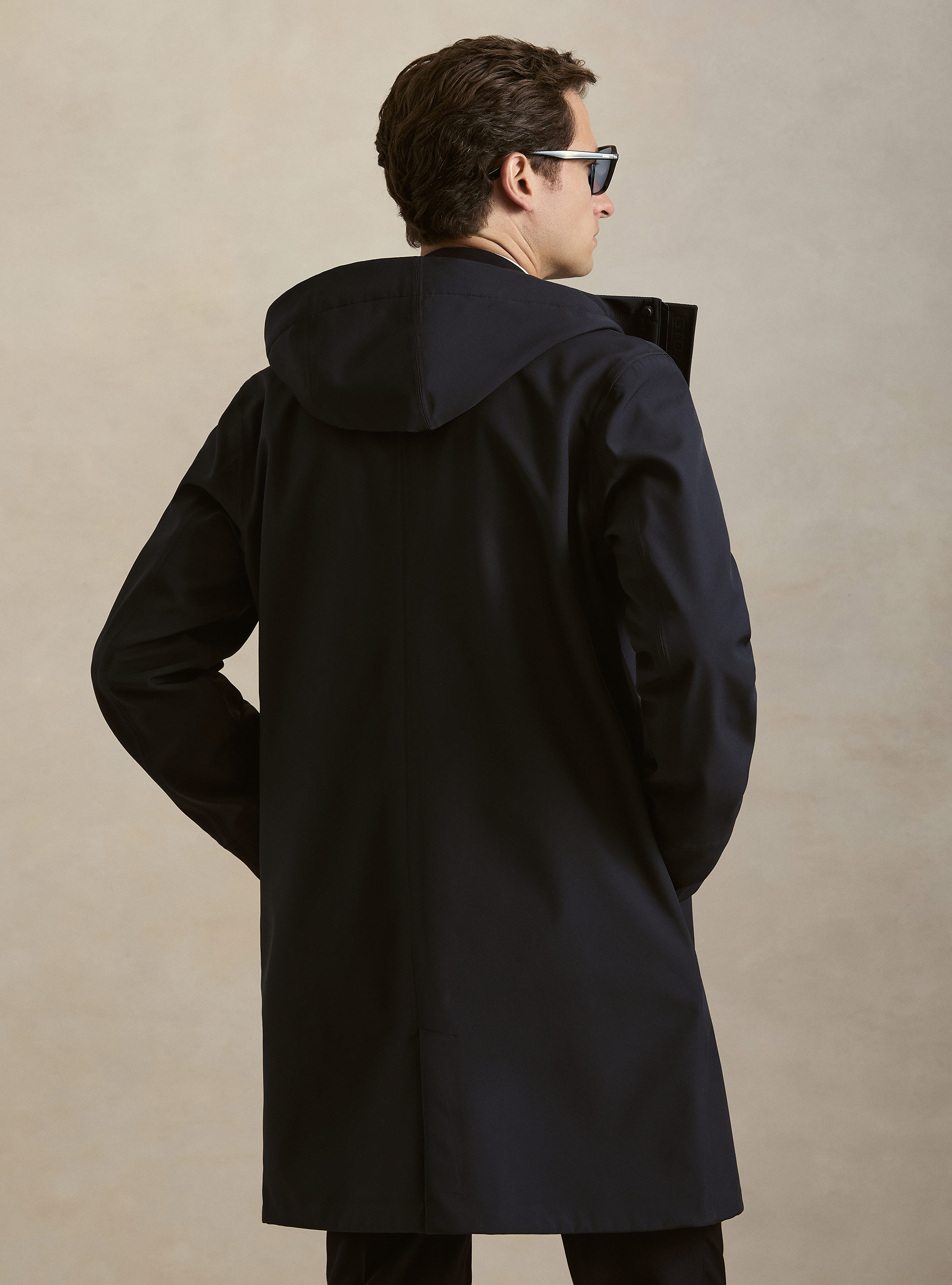Long technical jacket with a hood, NAVY BLUE