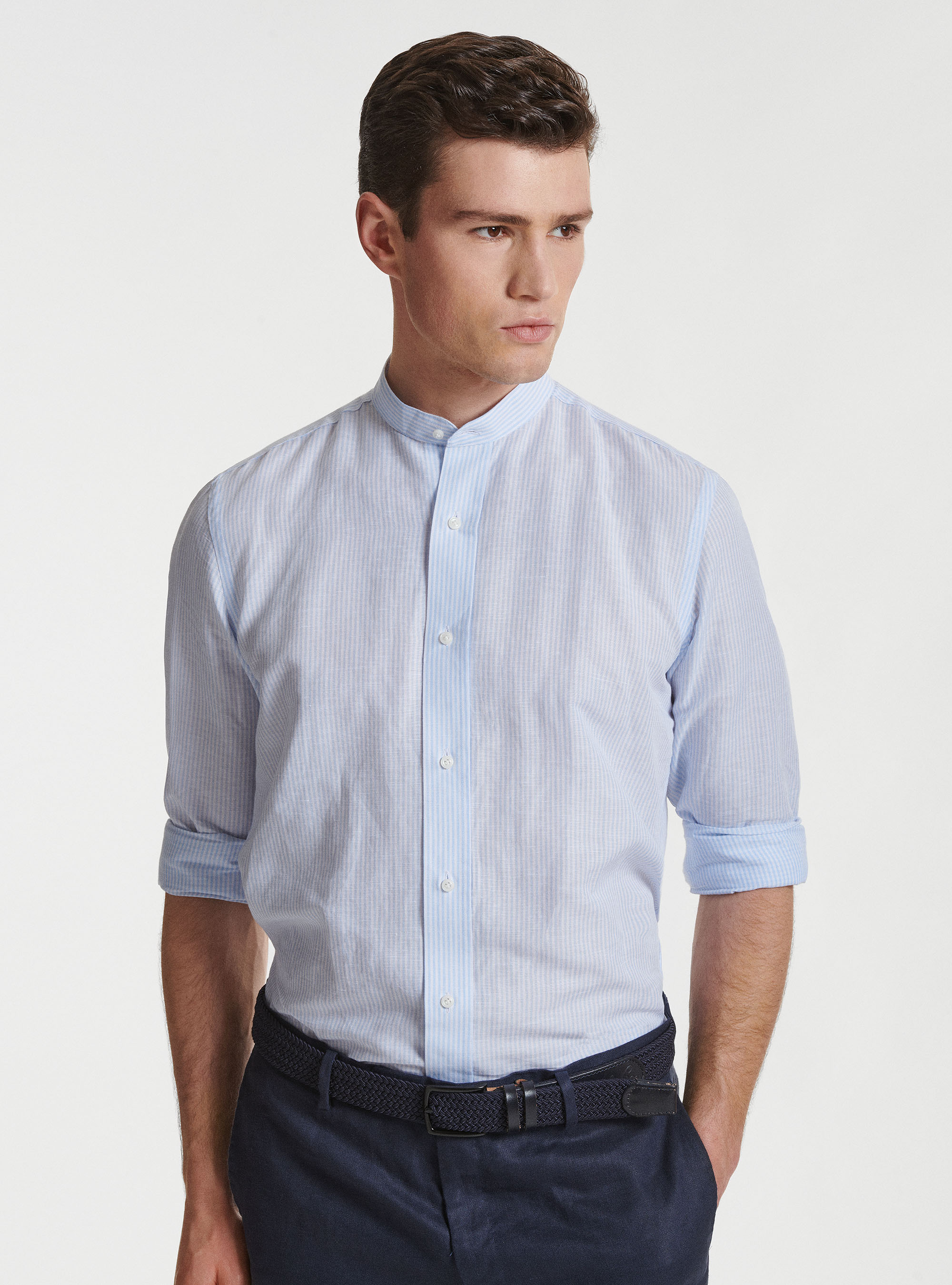 Camicia collo alla coreana in lino e cotone, AZZURRO