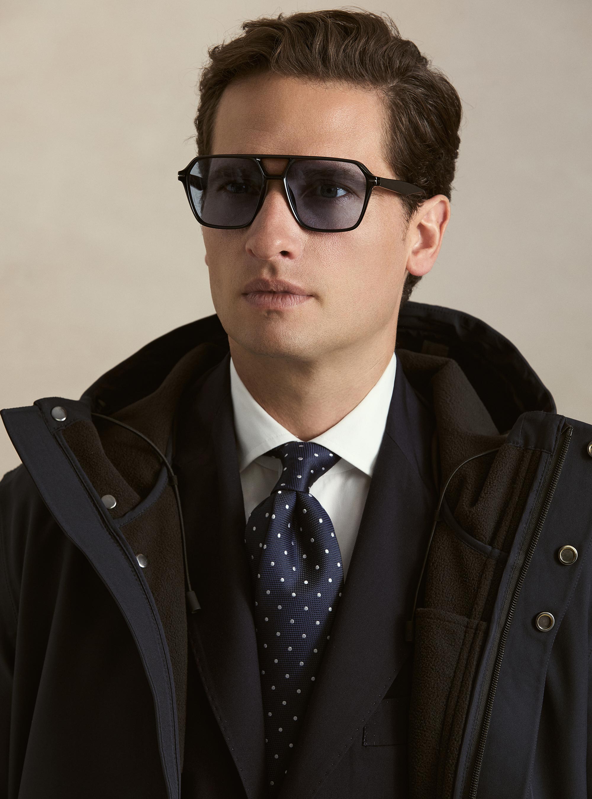 Long technical jacket with a hood, NAVY BLUE