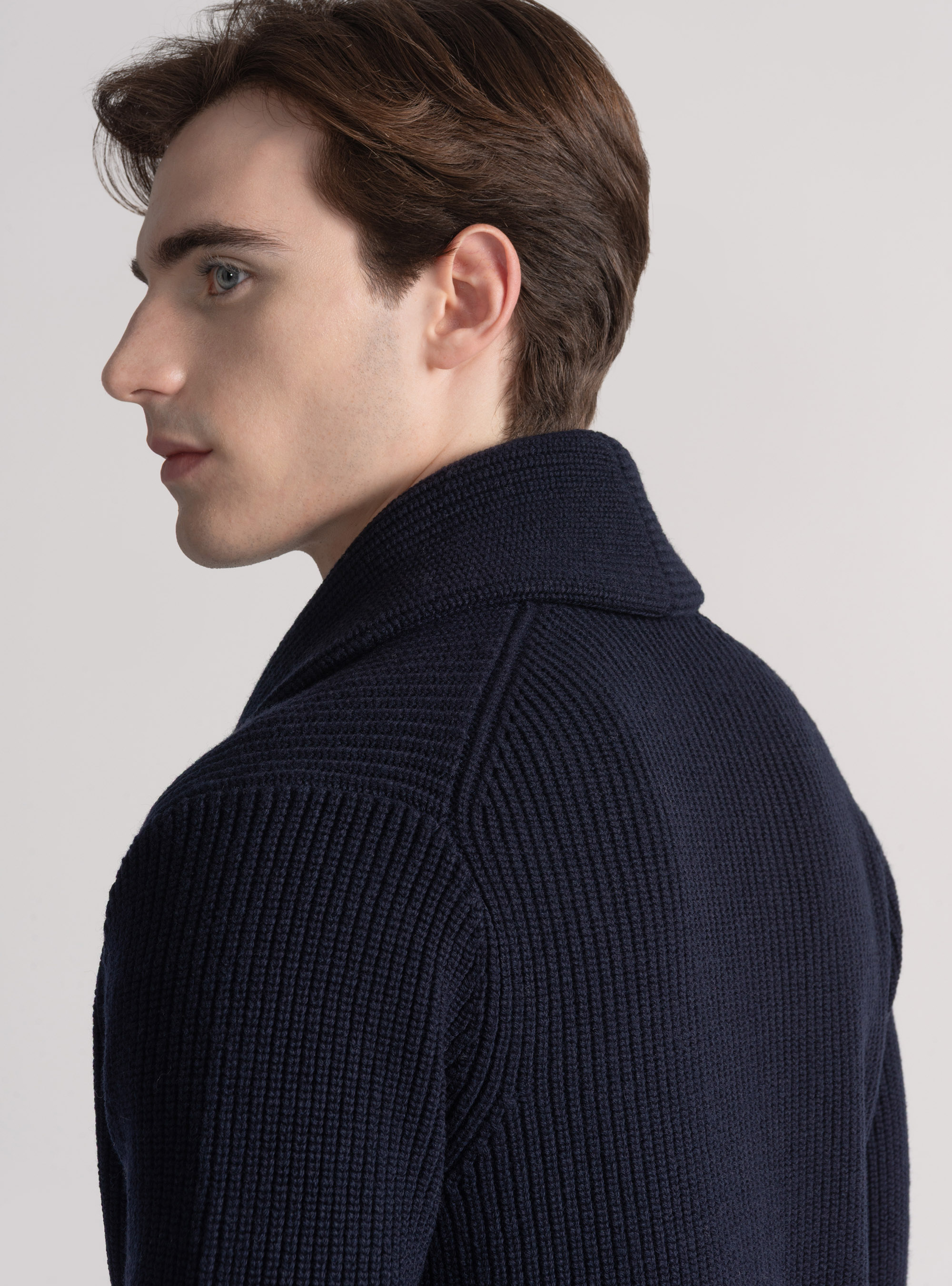 Cardigan in maglia sciallata in lana merino, BLU NAVY