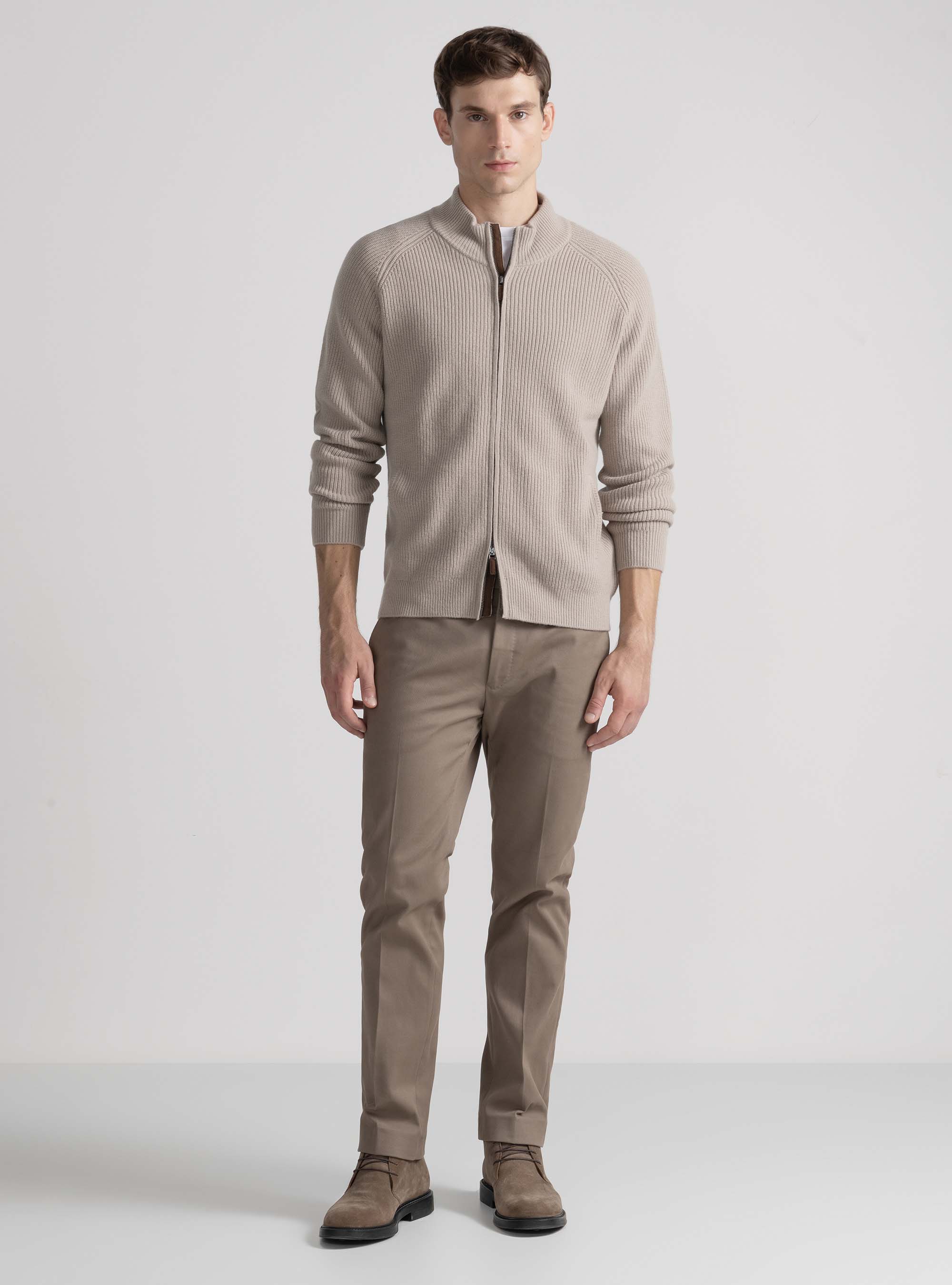 Merino wool raglan knitted zip cardigan, SAND