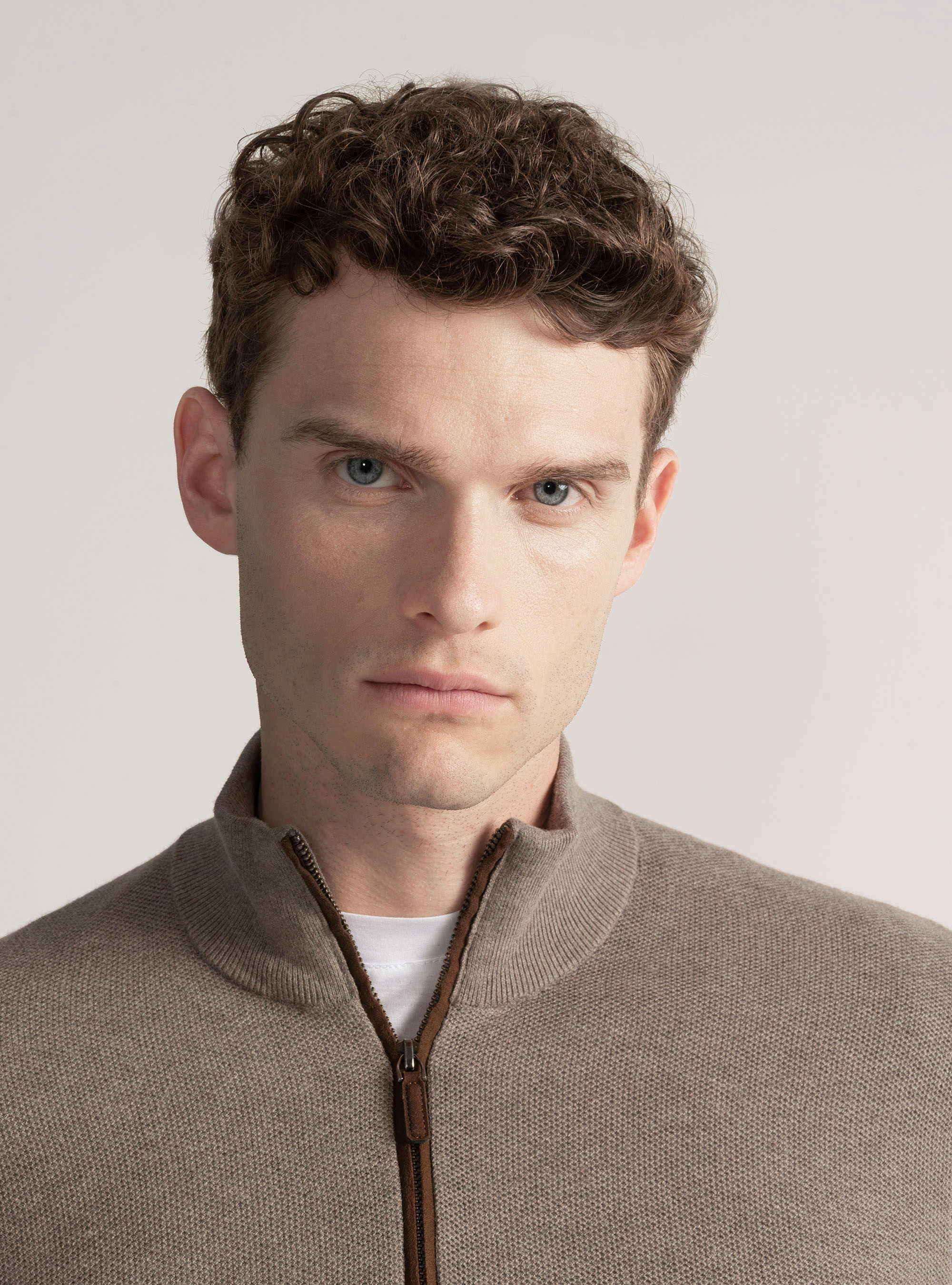 Cotton cashmere honeycomb mock neck sweater, MUD