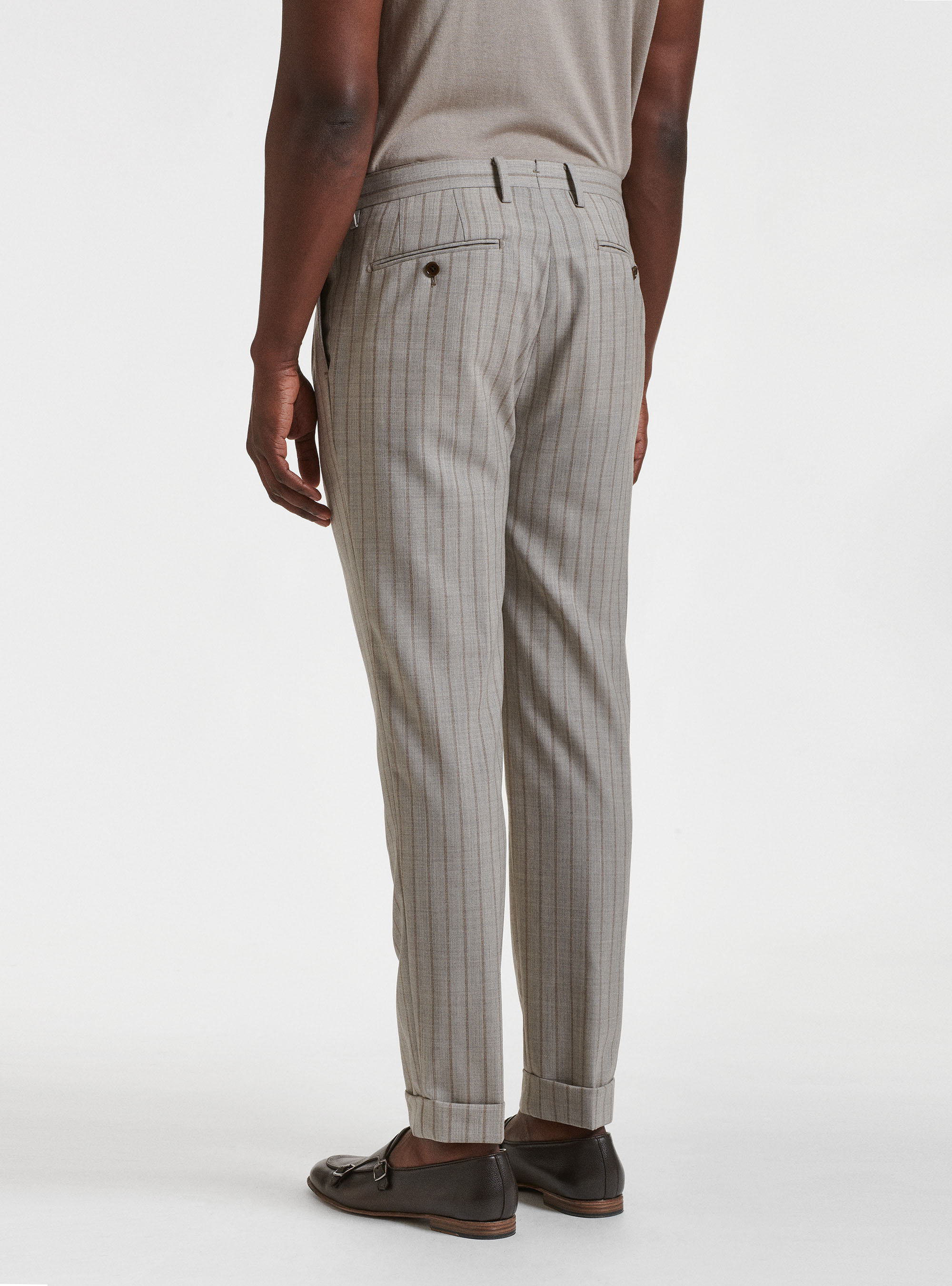 Pantaloni con doppia pince in pura lana rigata, SABBIA