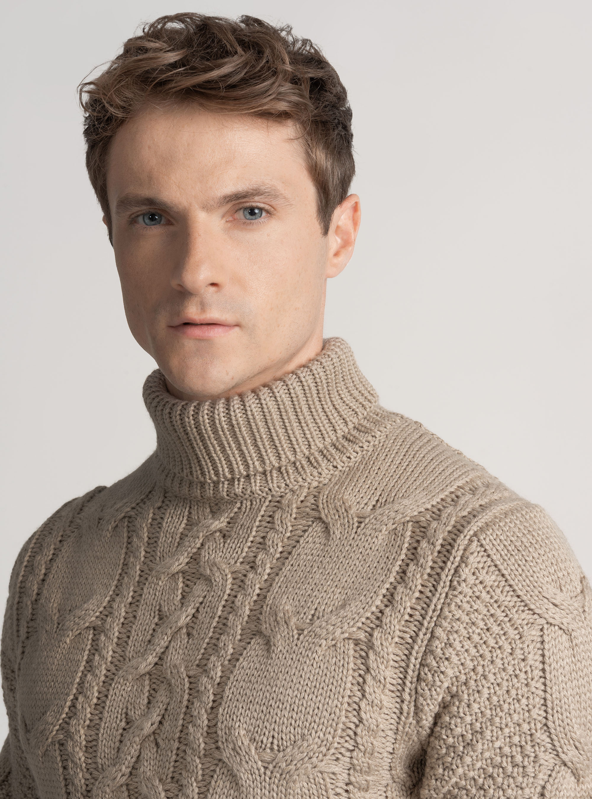 Wool-blend turtleneck sweater with braid, SAND