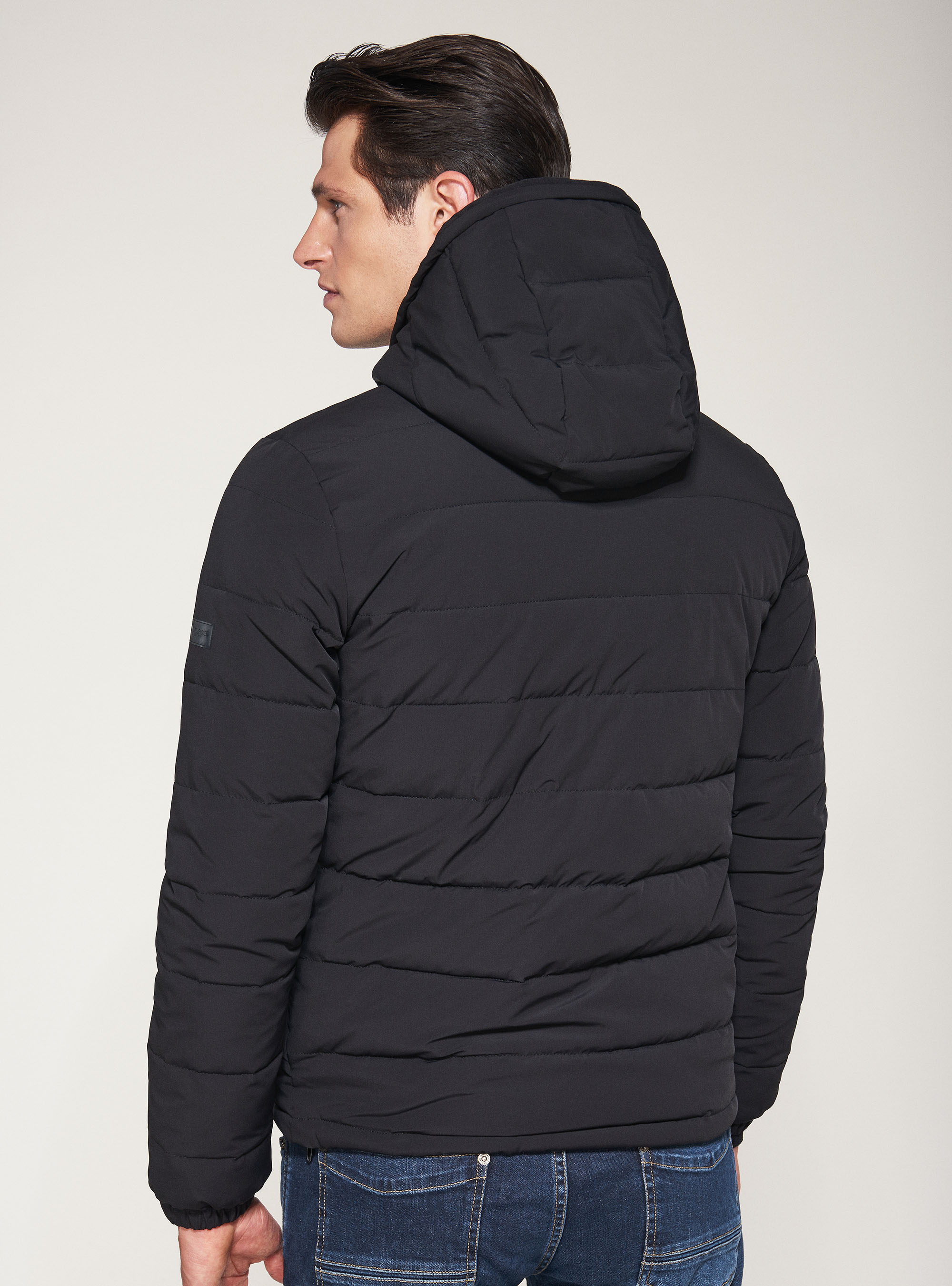 Bomber jacket in technical fabric with hood, BLACK