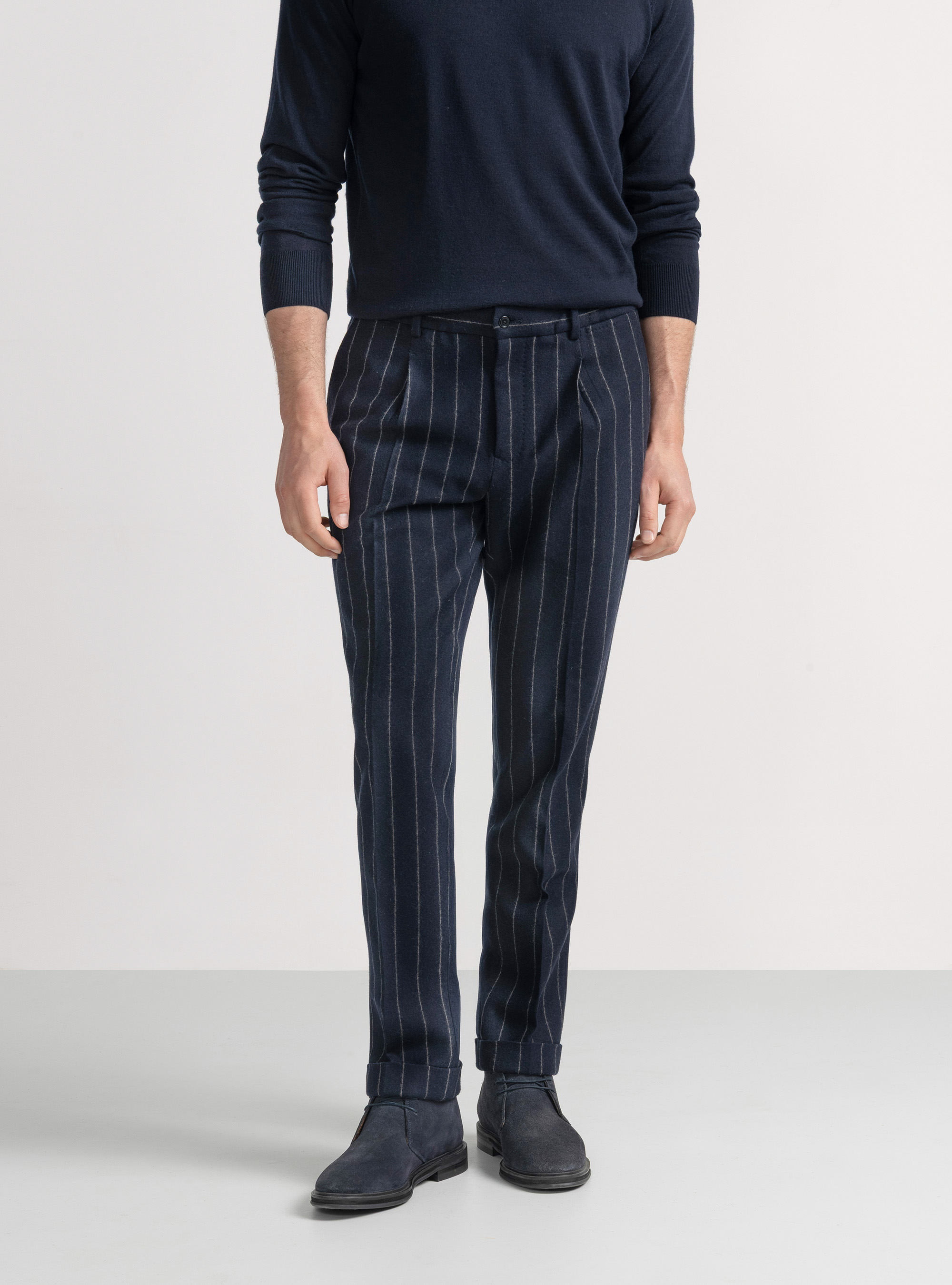 Pinstripe jersey double-breasted suit trousers, NAVY BLUE