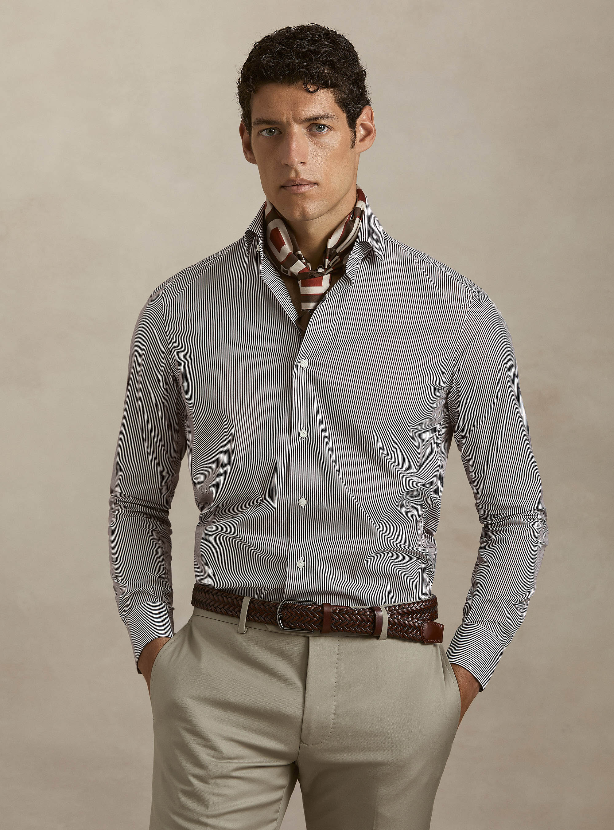 Camicia in cotone rigato popeline stretch, MARRONE