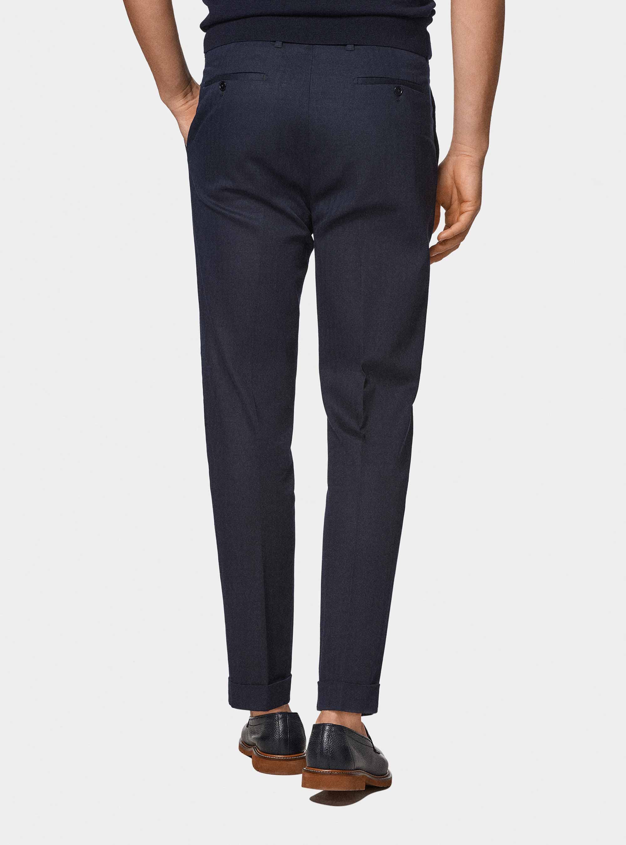 Pantaloni abito doppiopetto in cotone e lino, BLU NAVY