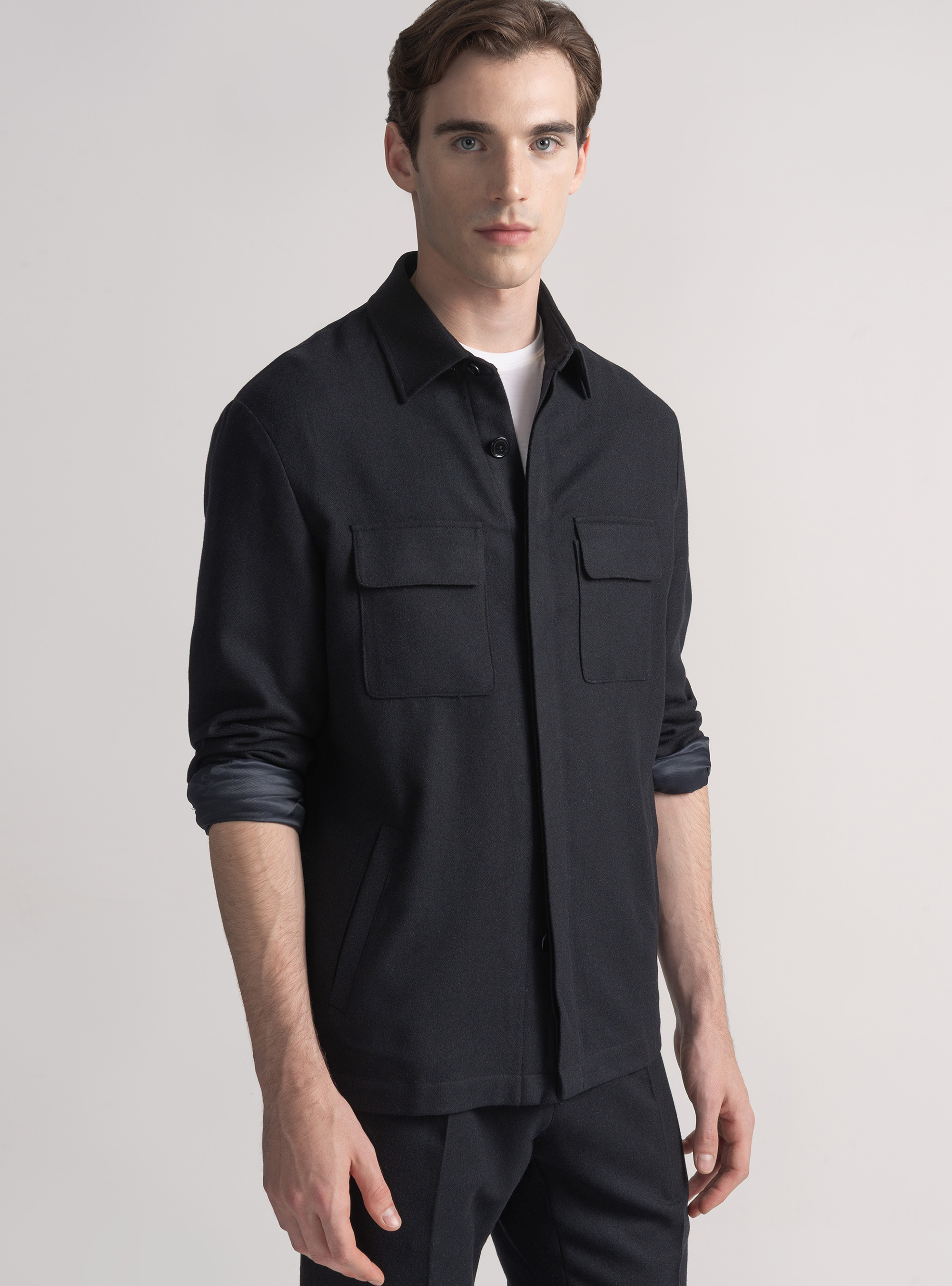 Giacca camicia leggera in misto lana, NAVY DARK 0219C