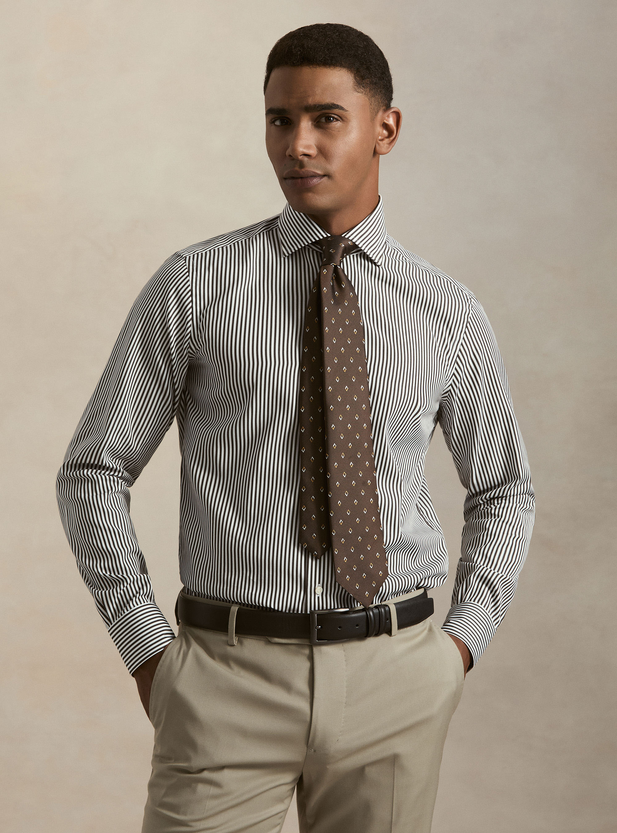 Camisa de rayas en popel&iacute;n de algod&oacute;n, MARRON