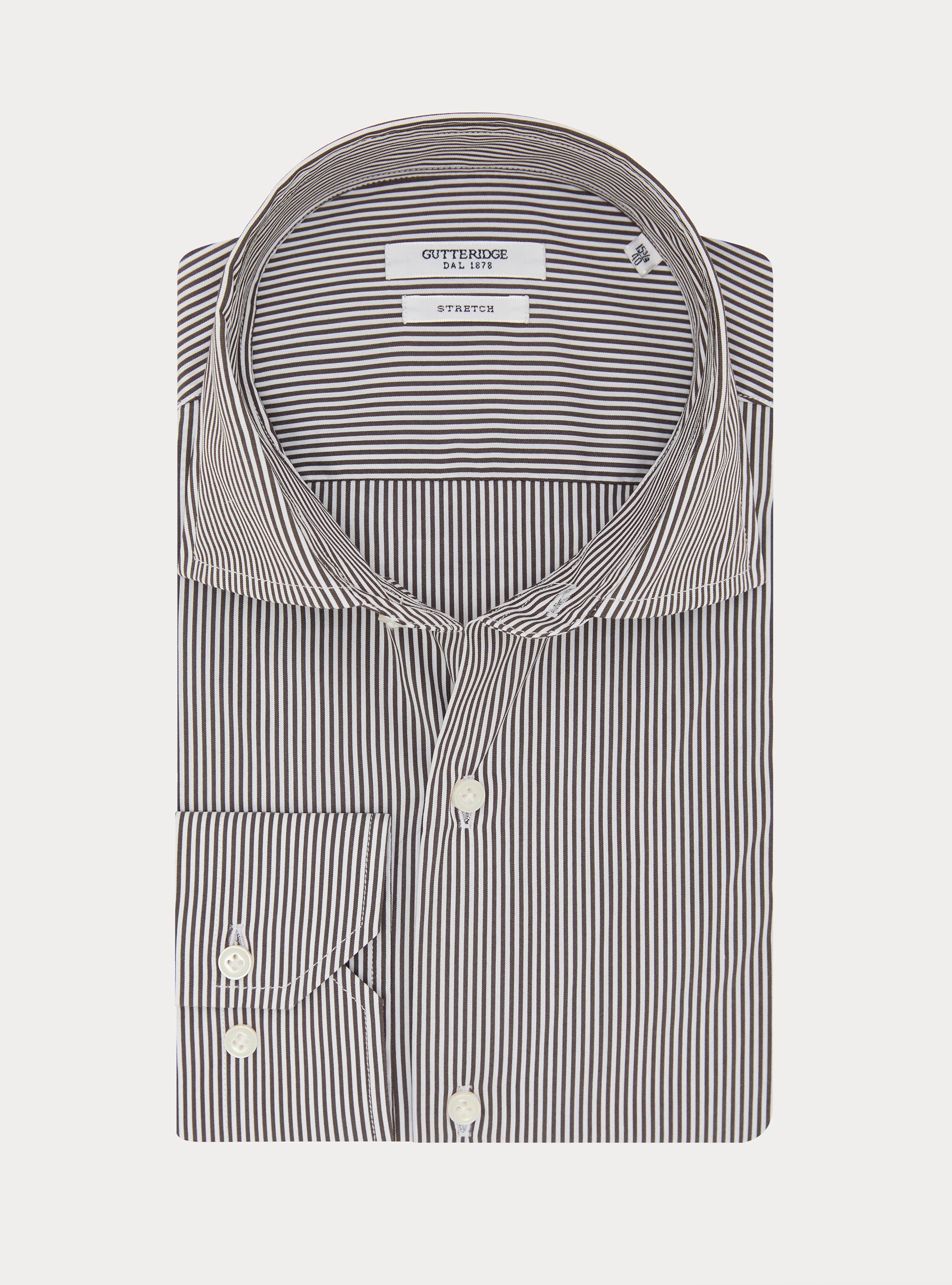 Camicia in cotone rigato popeline stretch, MARRONE