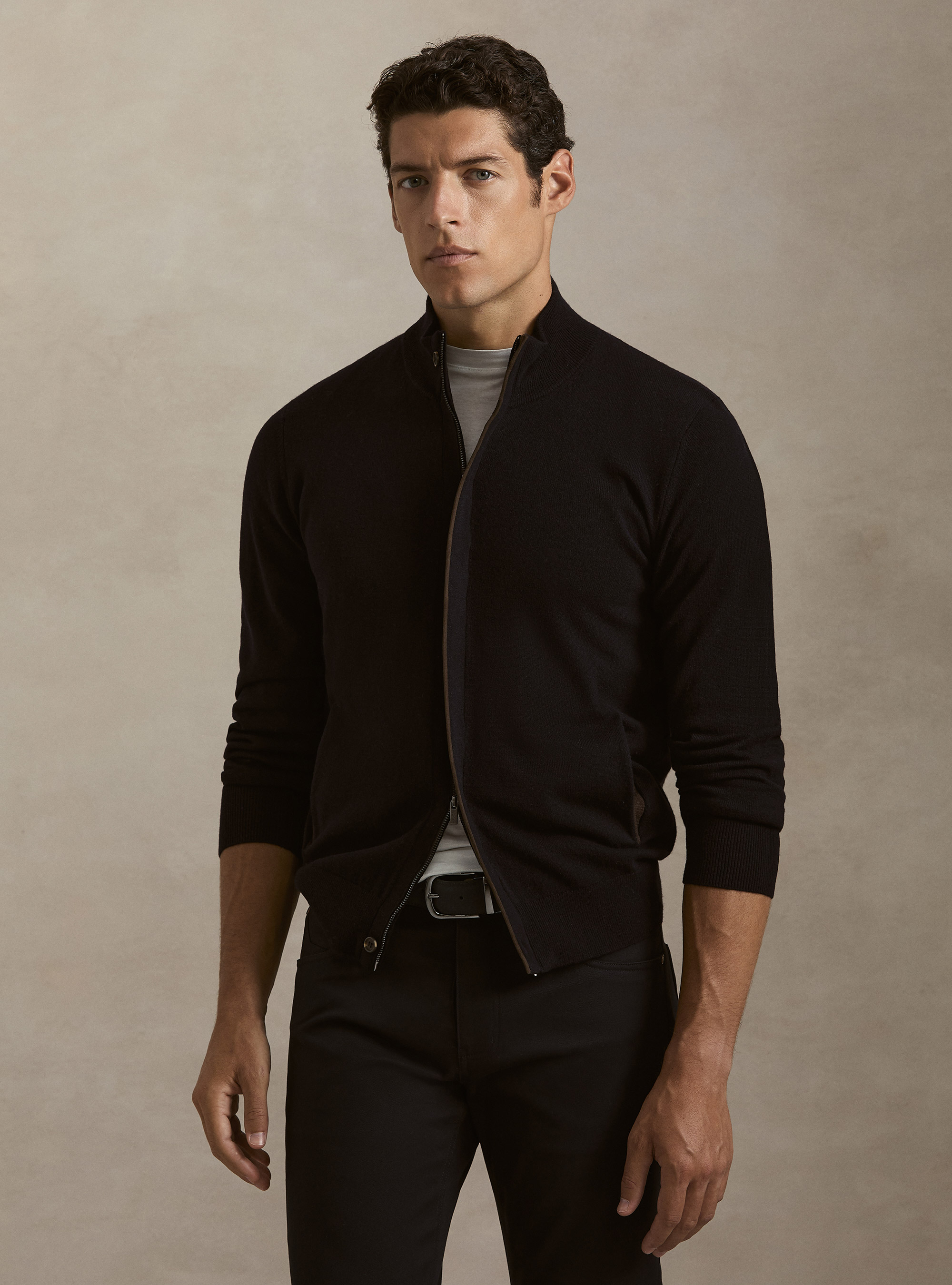 Cardigan con zip in maglia in lambswool e cashmere, BLU NAVY
