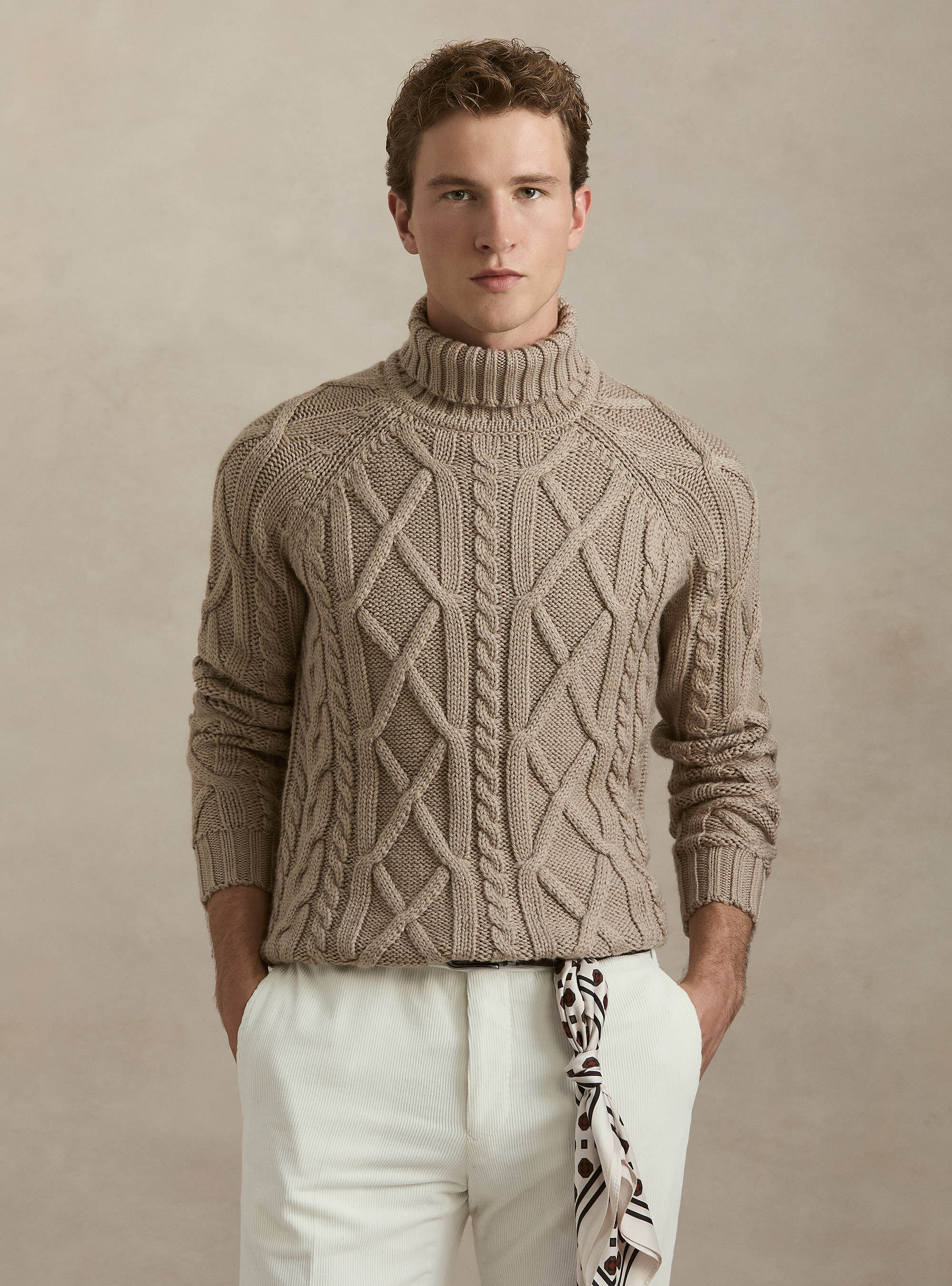 Cable Knit Wool Blend Turtleneck, SAND