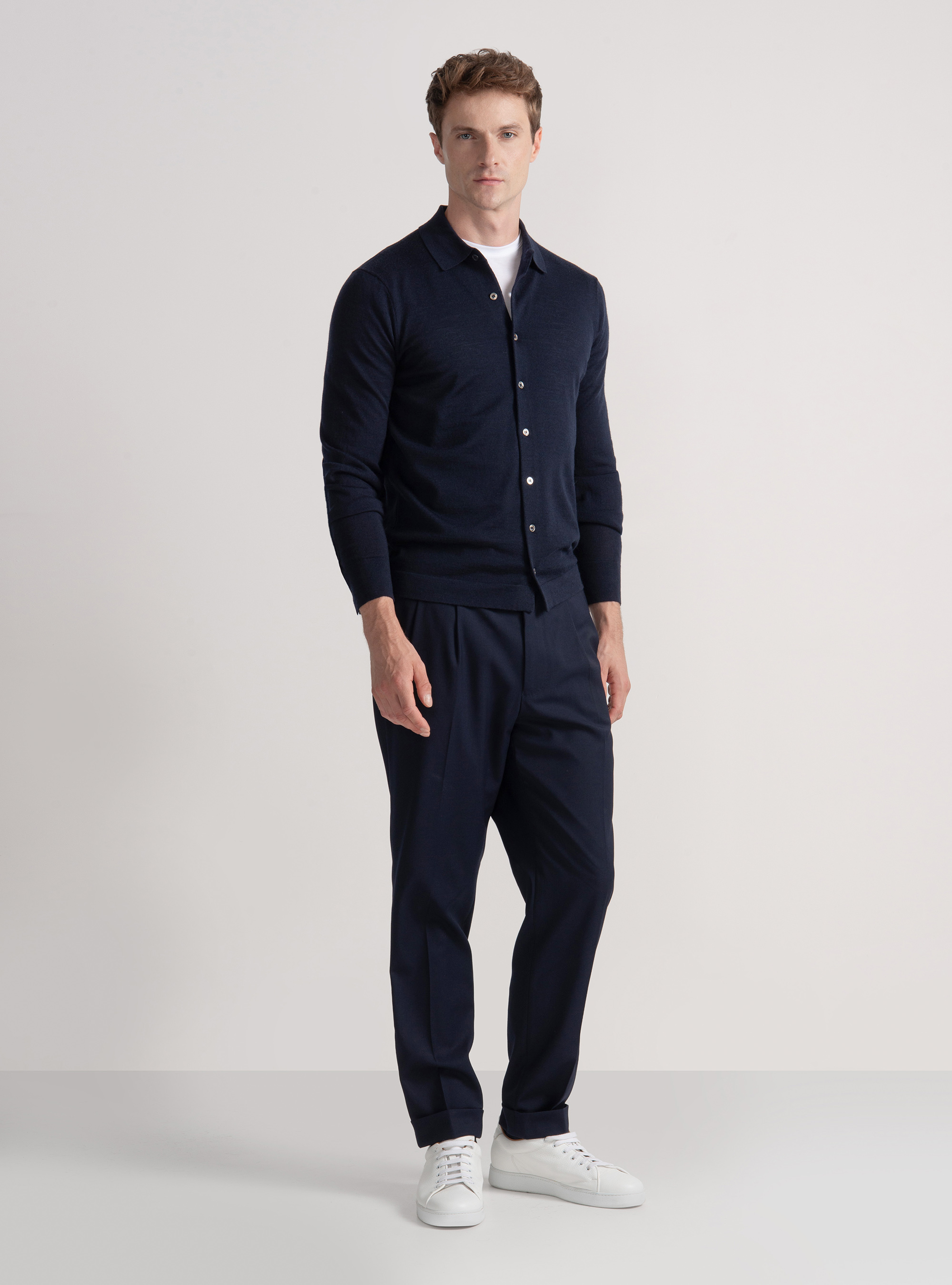 Extra-fine merino wool knit polo shirt, NAVY BLUE