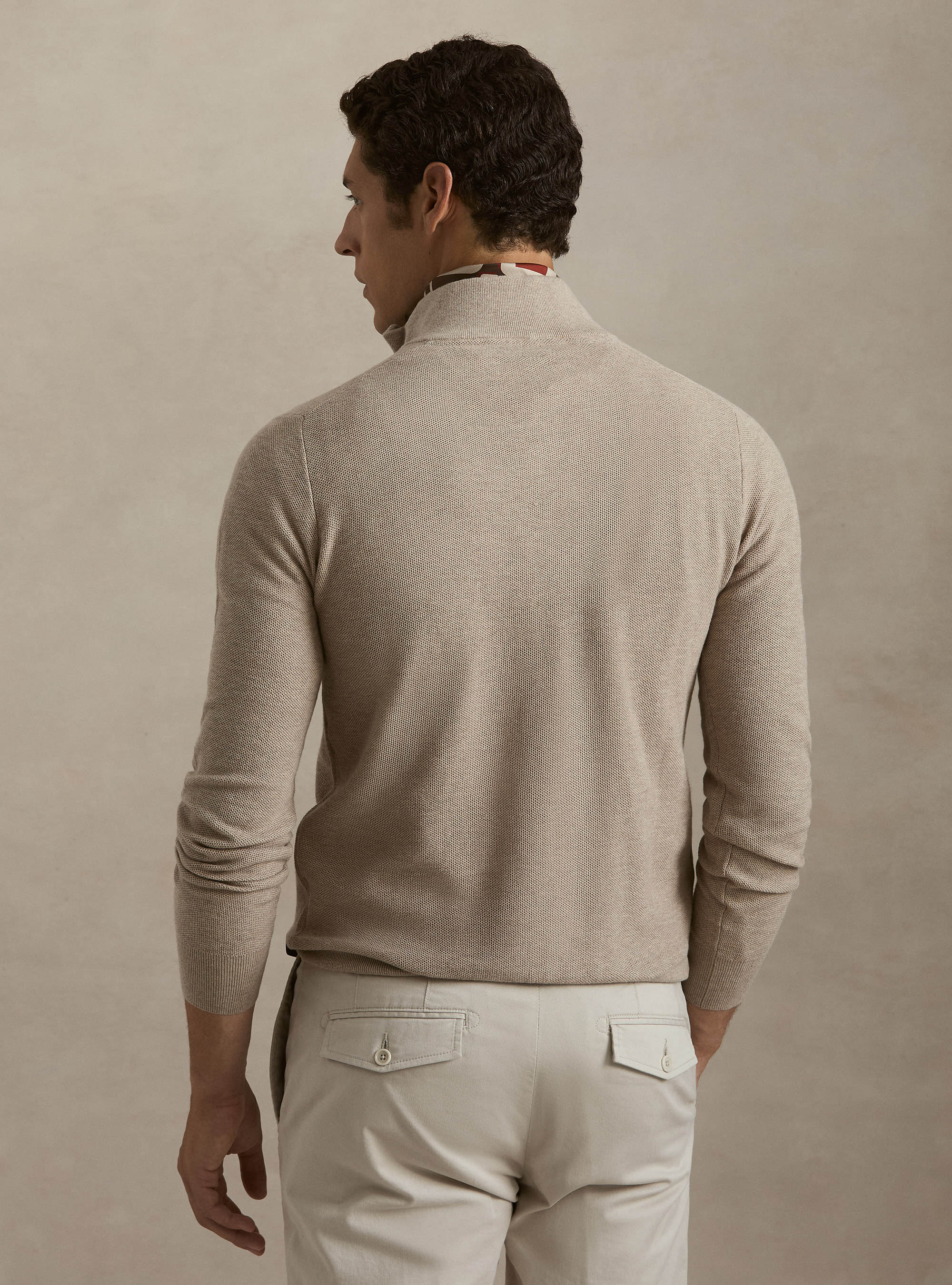 Half-Zip-Pullover aus Baumwolle und Kaschmir mit Wabenstruktur, ECRU 0560C