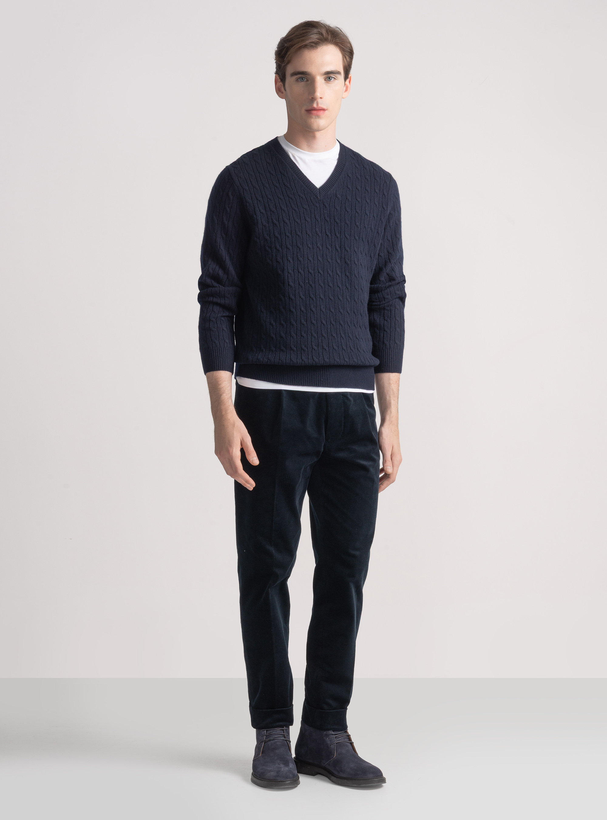 Maglia scollo a V con treccia in lana merino, BLU NAVY