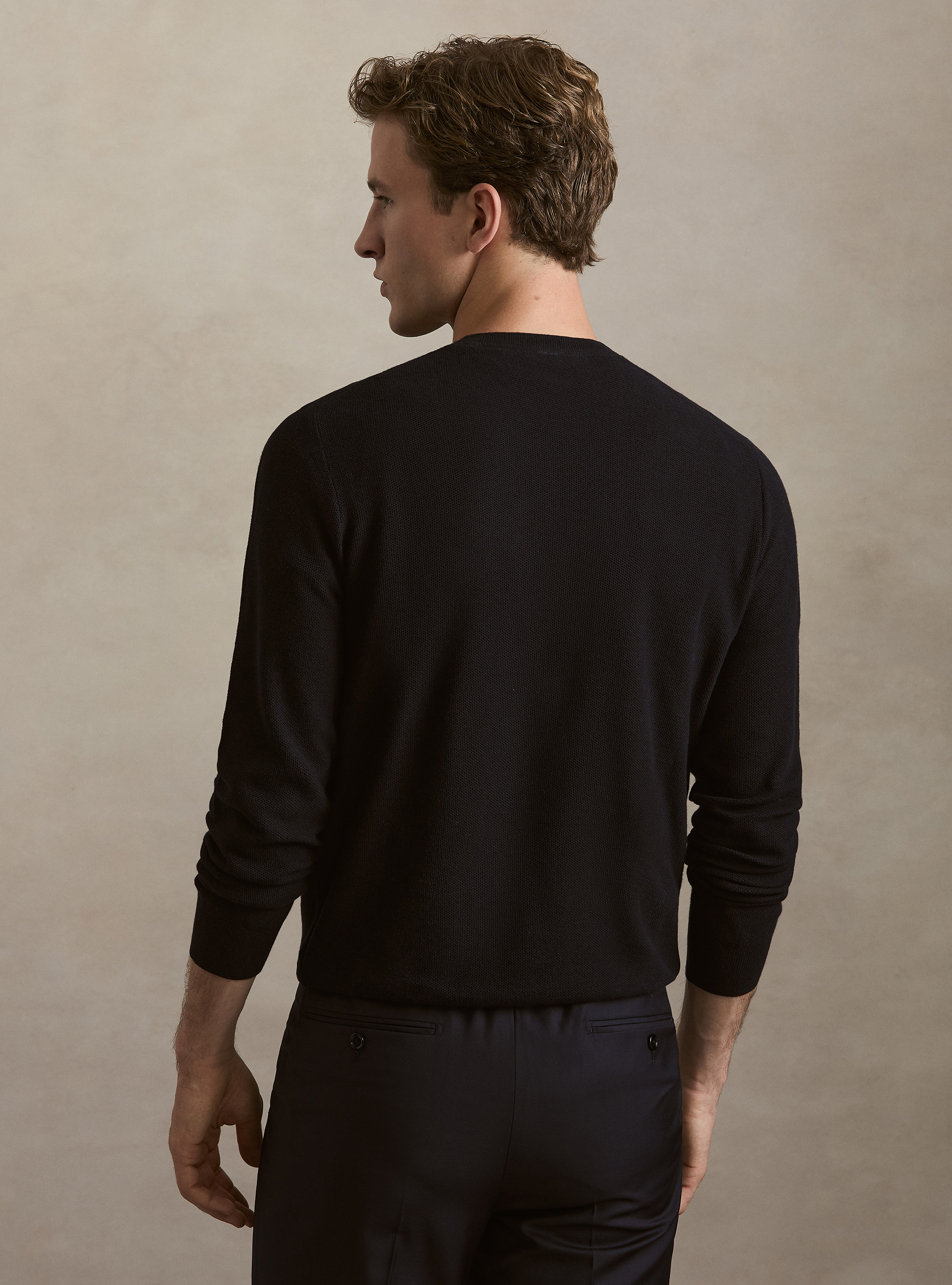 Cotton-cashmere crewneck sweater in honeycomb stitch, NAVY BLUE