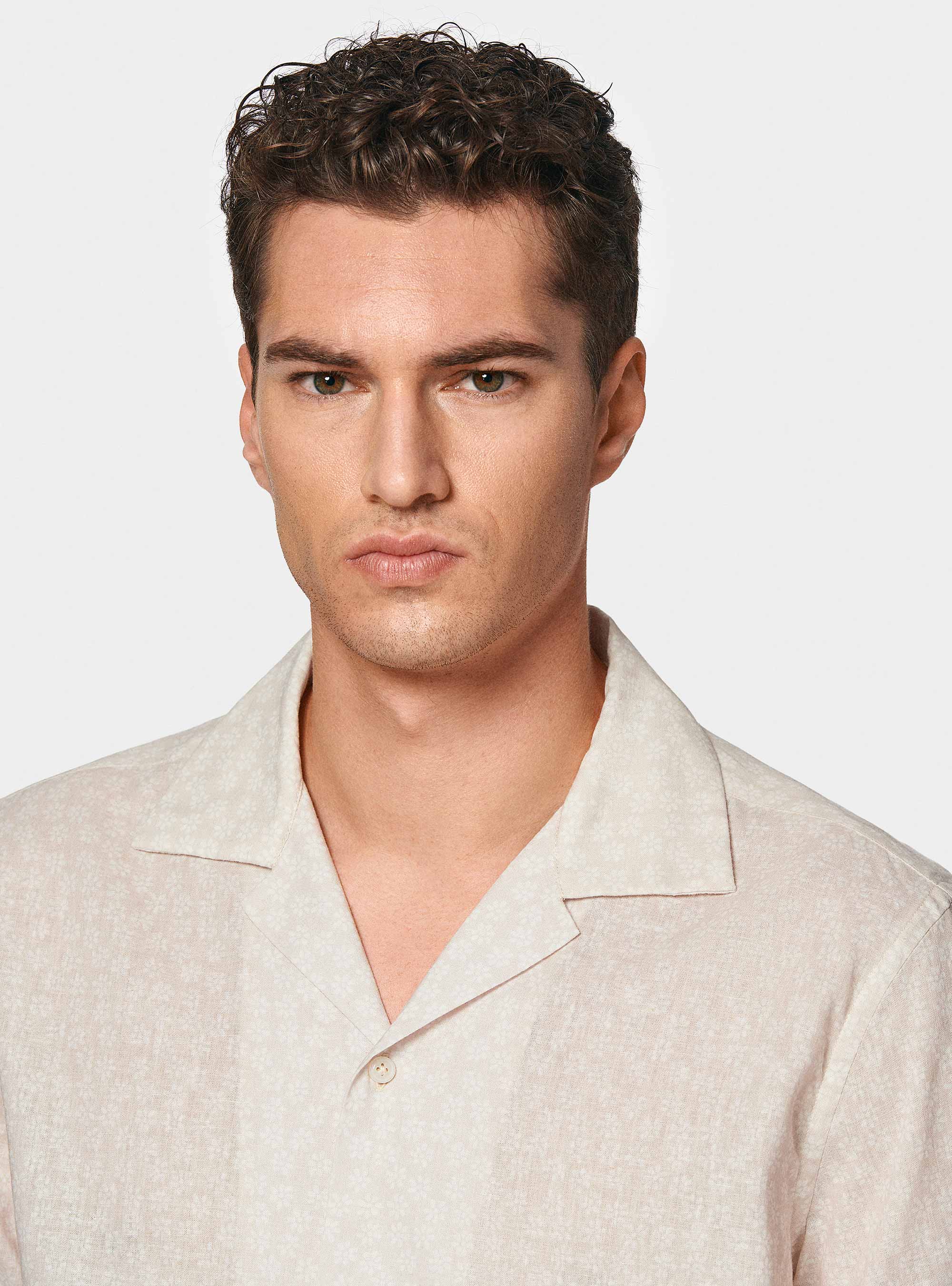 Camicia bowling in lino e cotone stampato, ECRU
