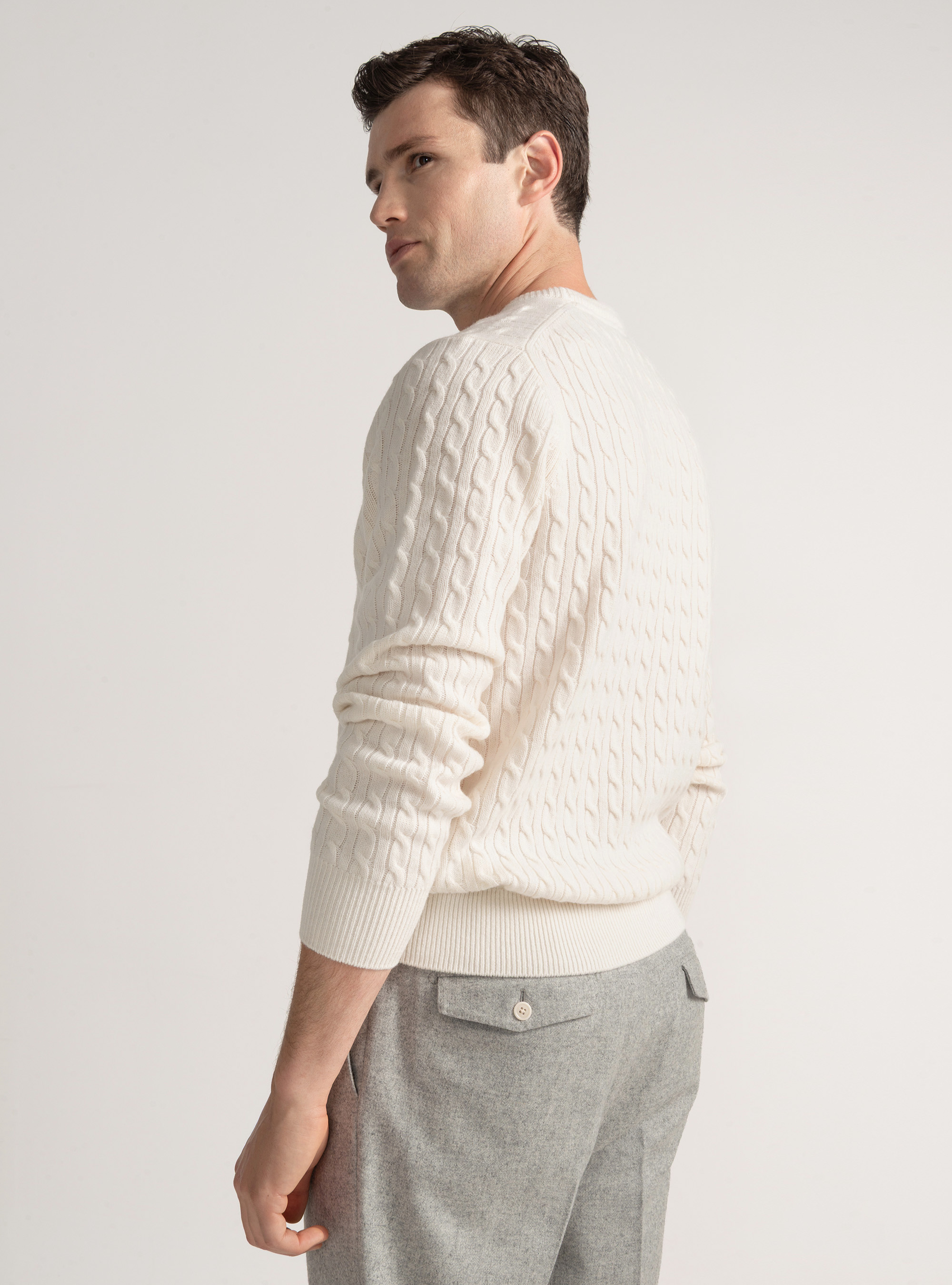 Crew-neck sweater with wool and cashmere braid, WHITE