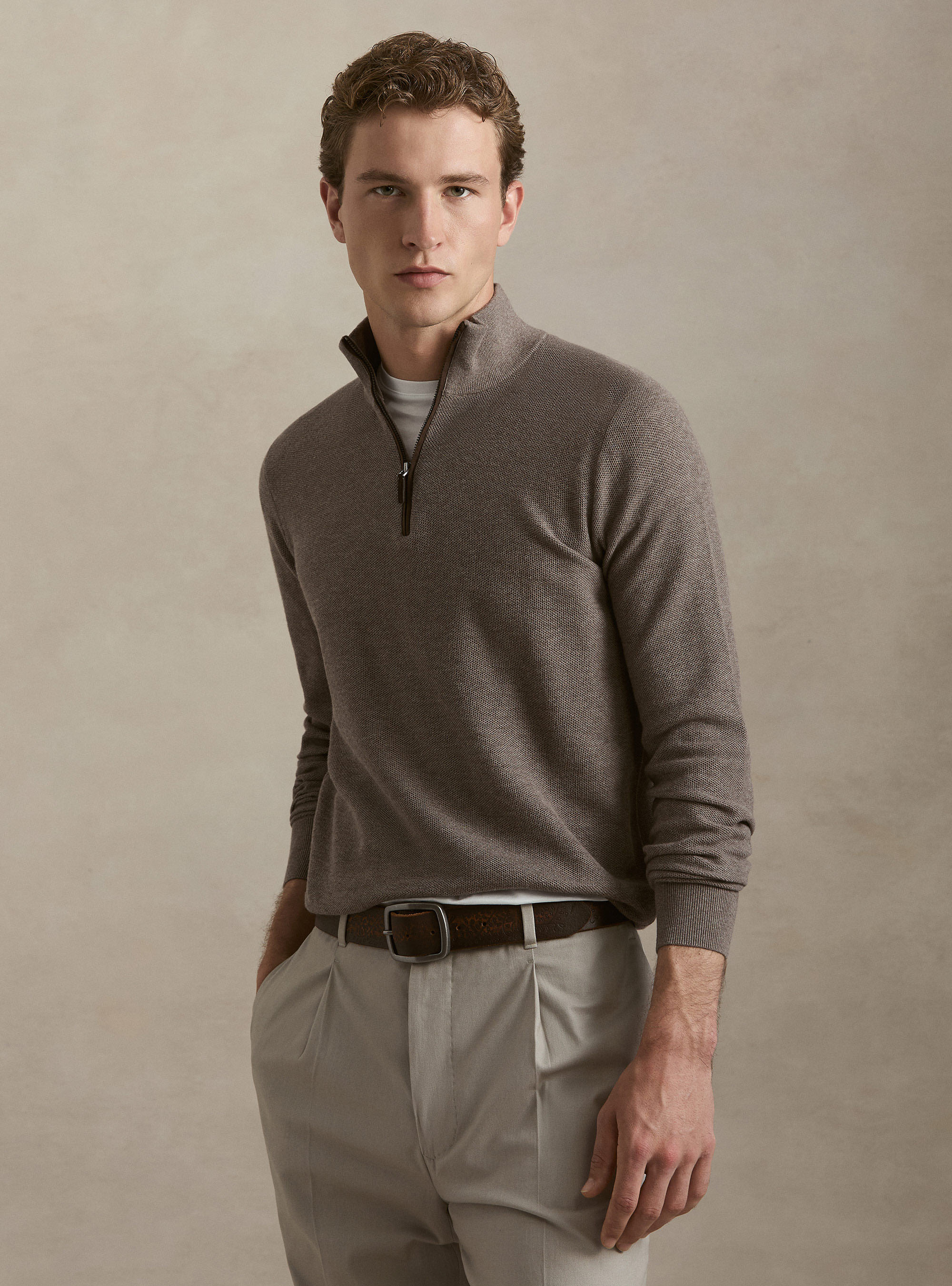 Cotton-cashmere half-zip sweater in honeycomb stitch, MUD