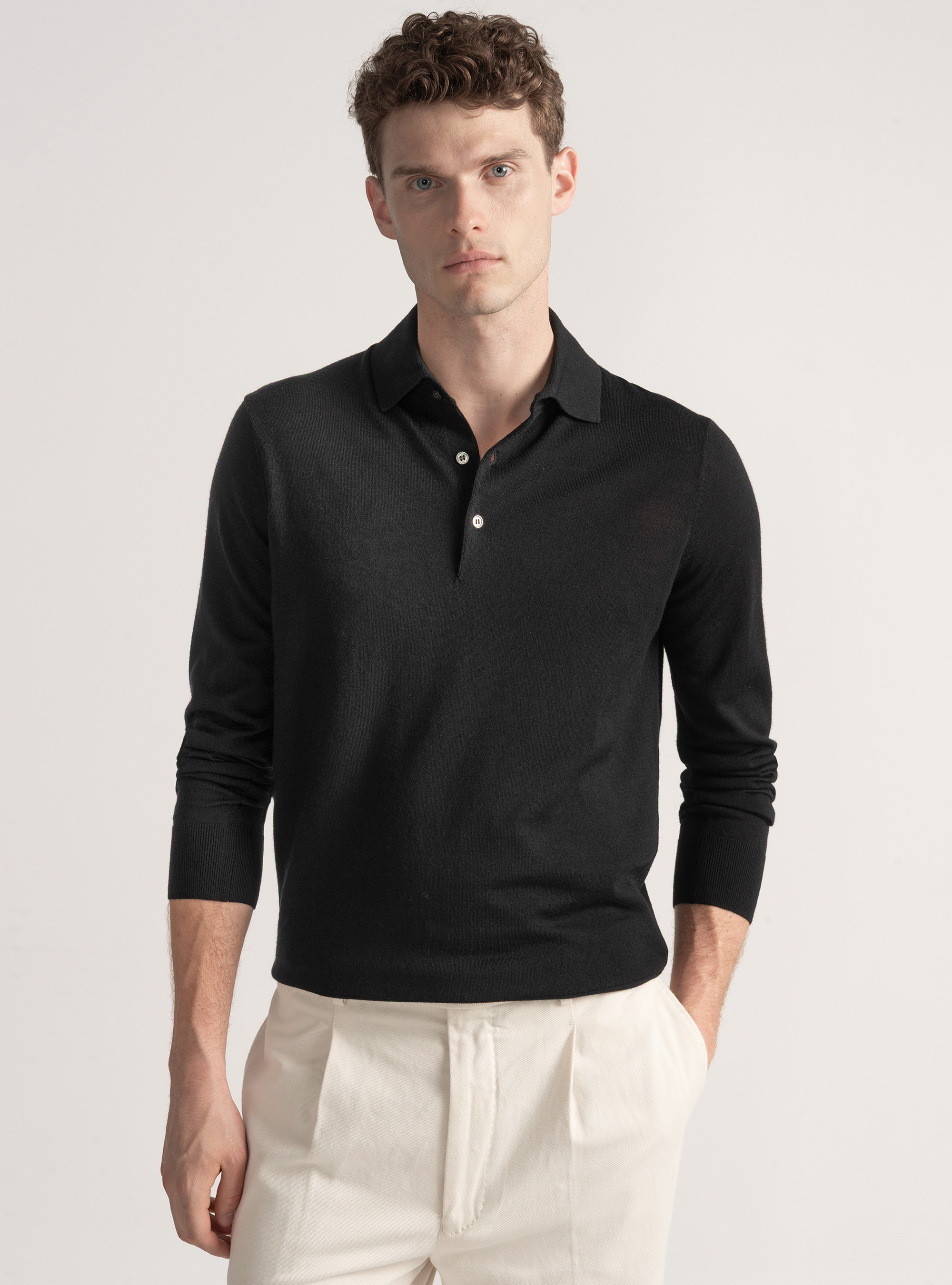 Extra-fine merino wool polo shirt, BLACK