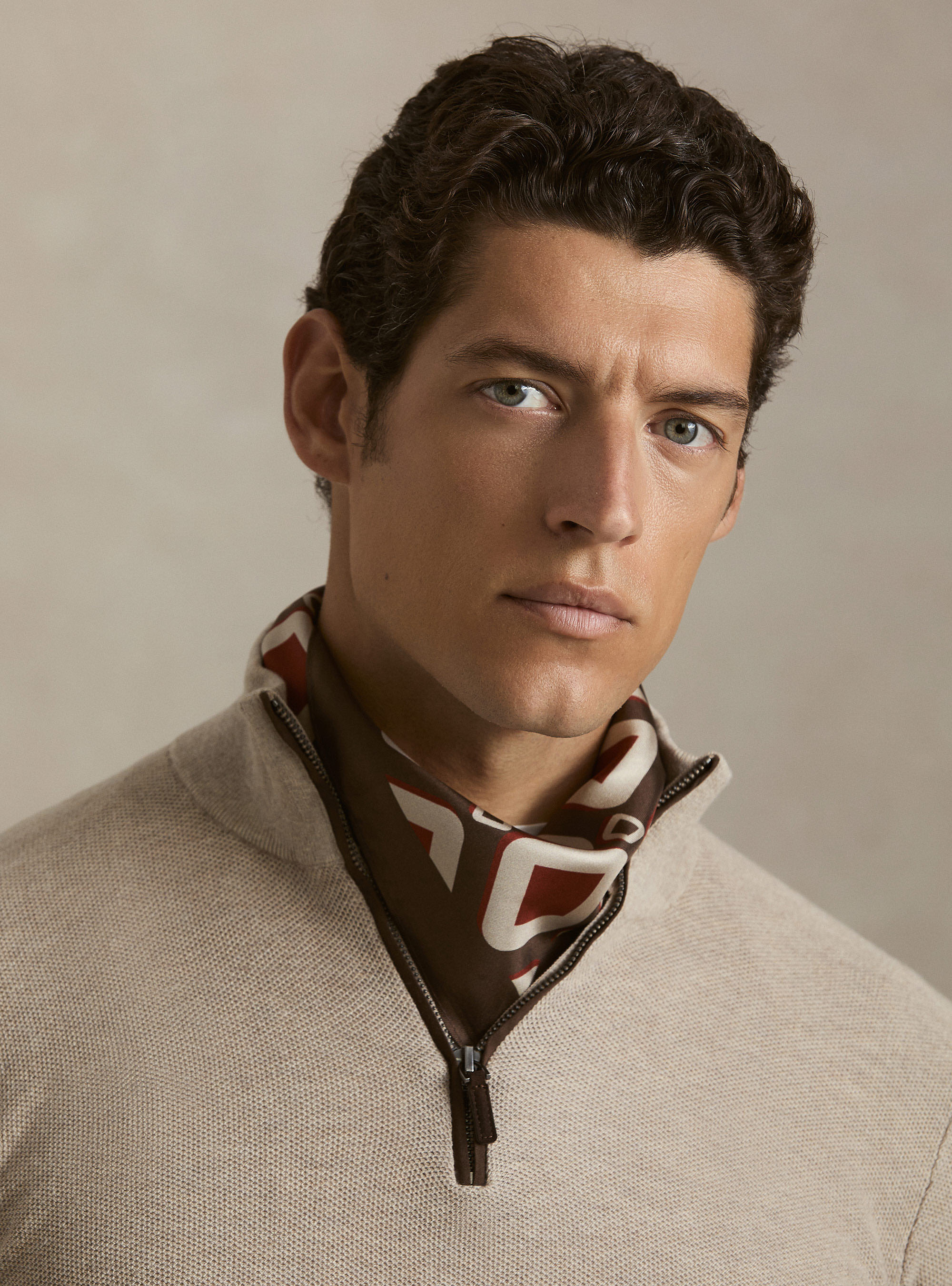 Half-Zip-Pullover aus Baumwolle und Kaschmir mit Wabenstruktur, ECRU 0560C