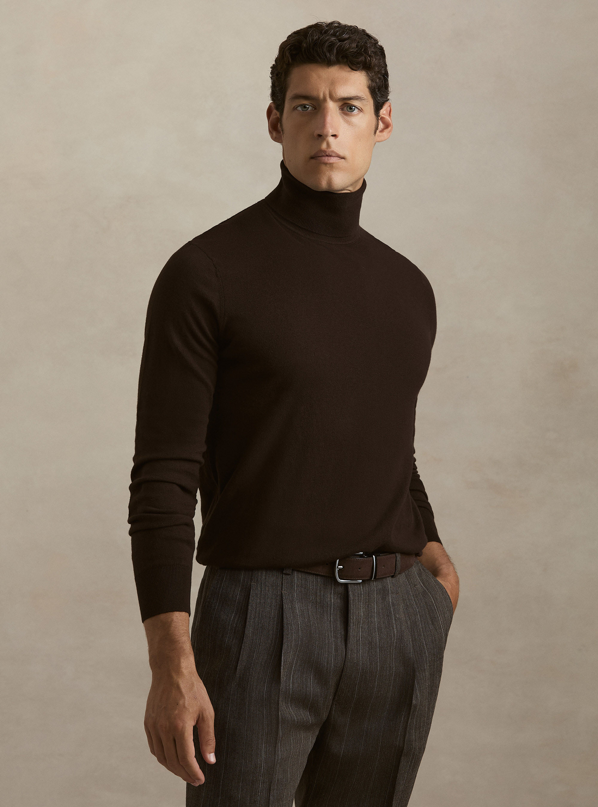 Dolcevita in cotone e cashmere, MARRONE