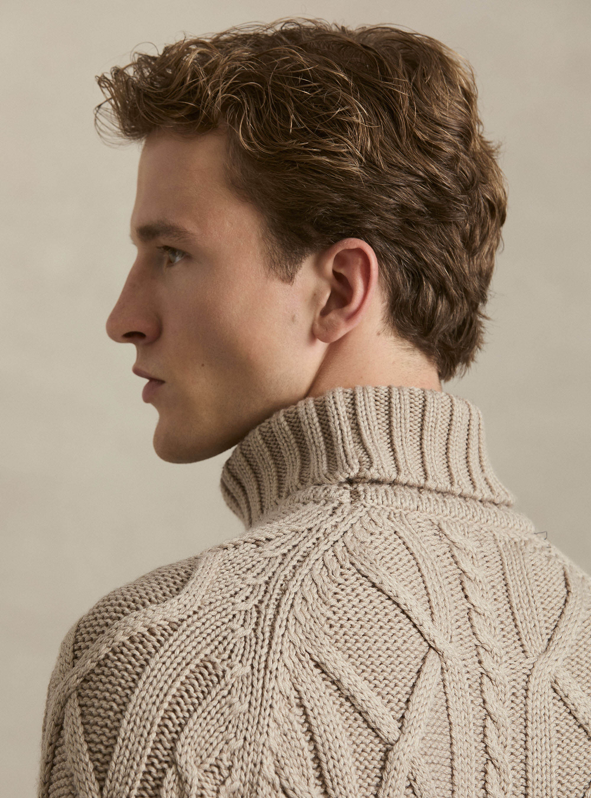 Cable Knit Wool Blend Turtleneck, SAND