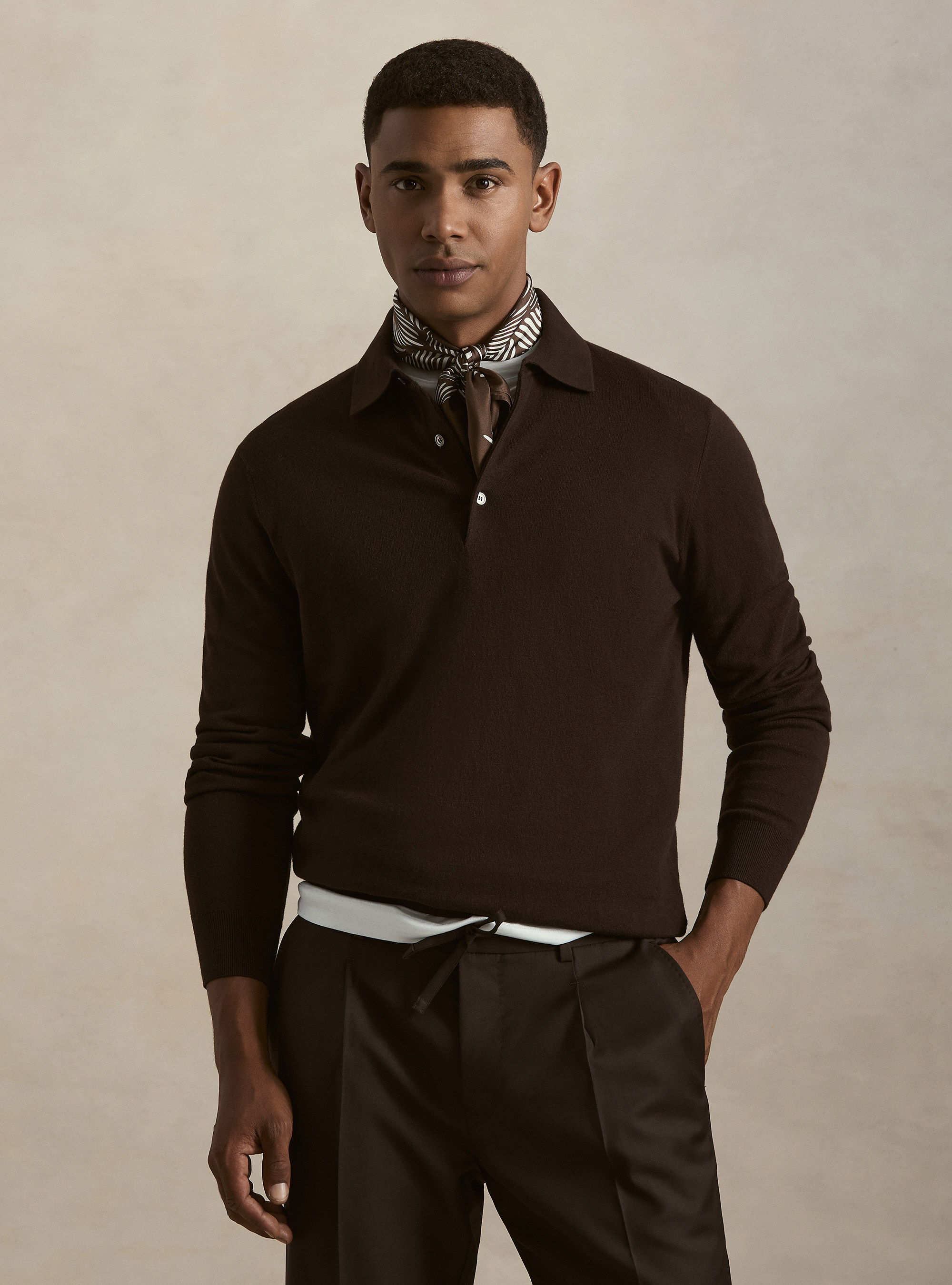 Cotton and cashmere blend knitted polo, BROWN