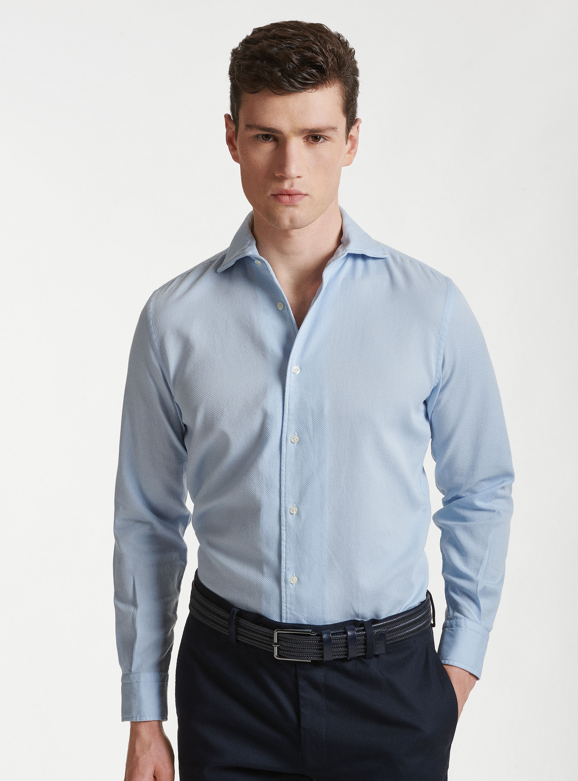 Camicia collo semi francese in cotone tinto in capo, AZZURRO