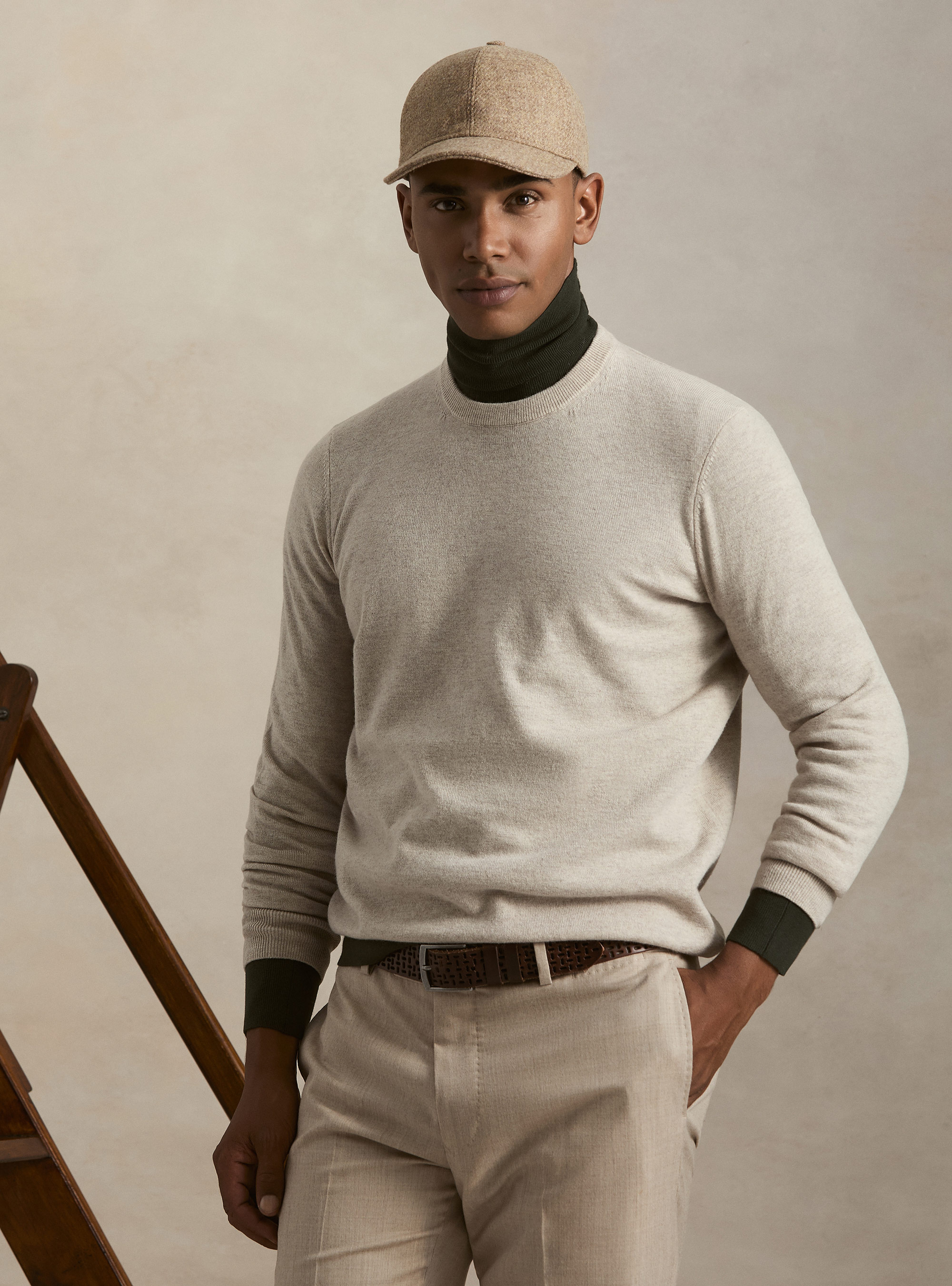 Wool and cashmere blend crewneck sweater, ECRU