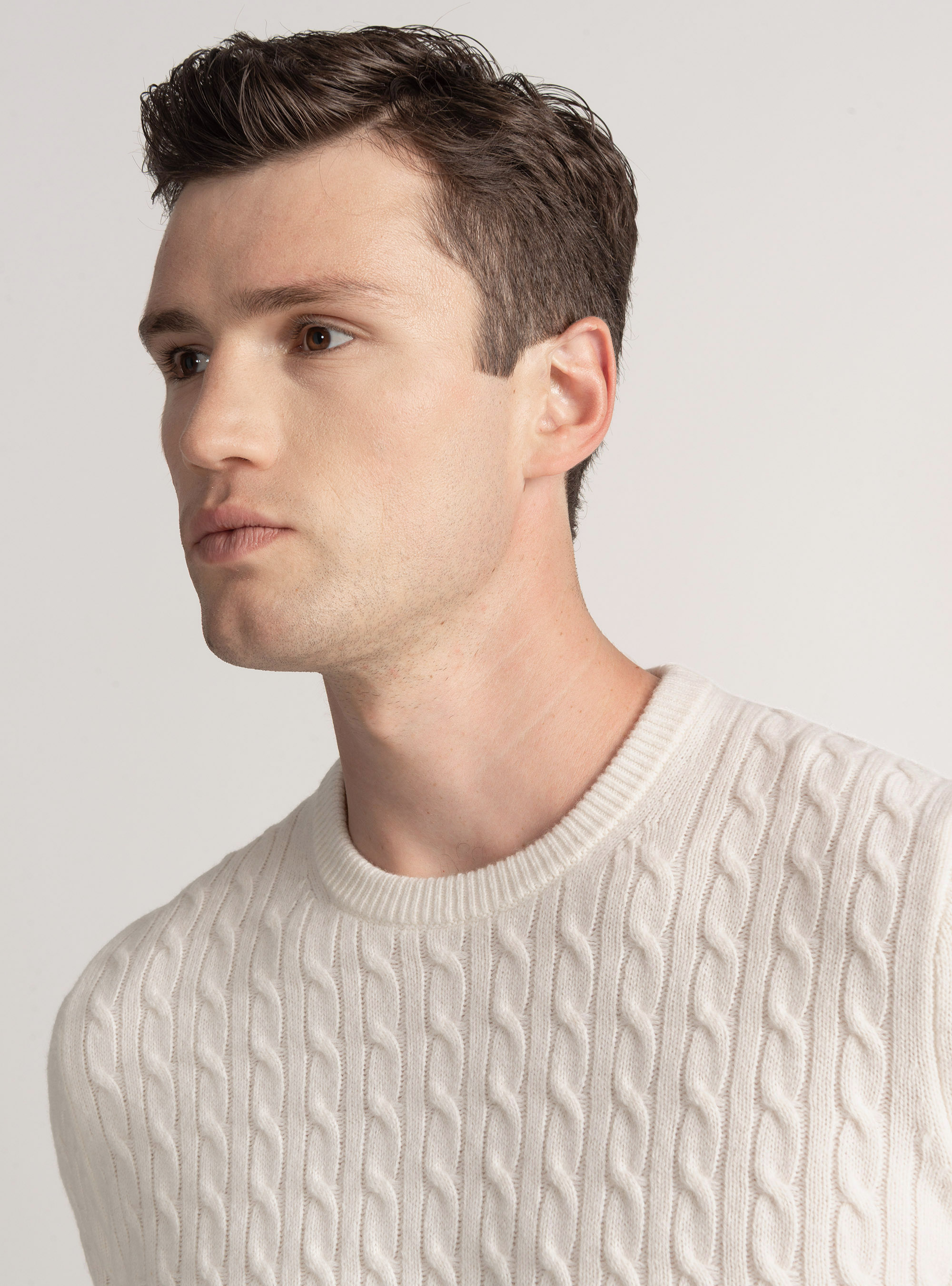 Crew-neck sweater with wool and cashmere braid, WHITE