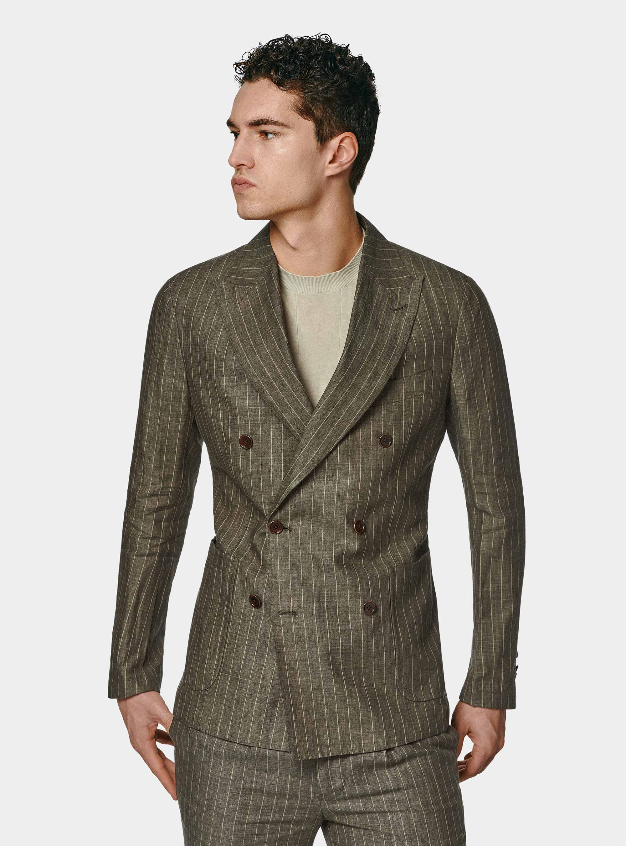 Double-breasted pinstripe suit blazer in delav&eacute; linen, BROWN
