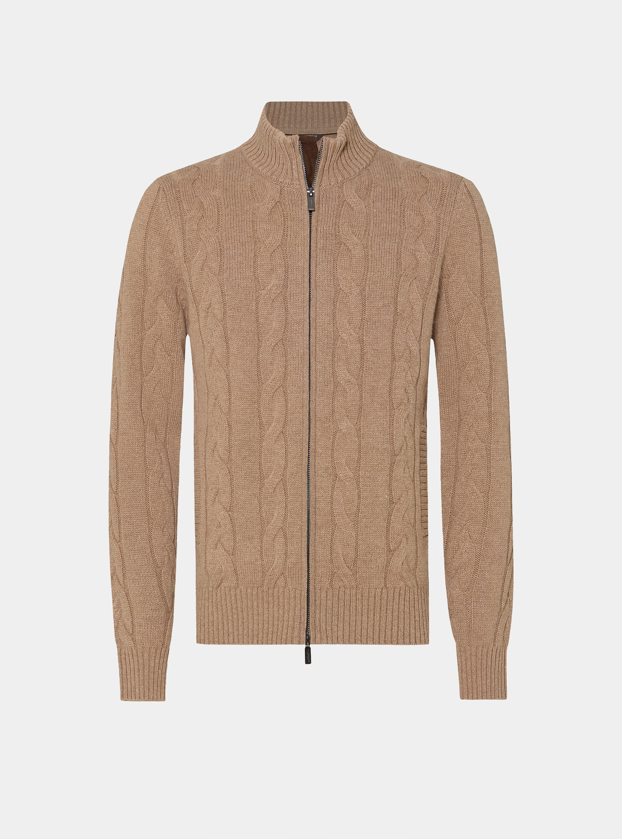Zip and braid sweater in cashmere wool, CAMMELLO 0570C