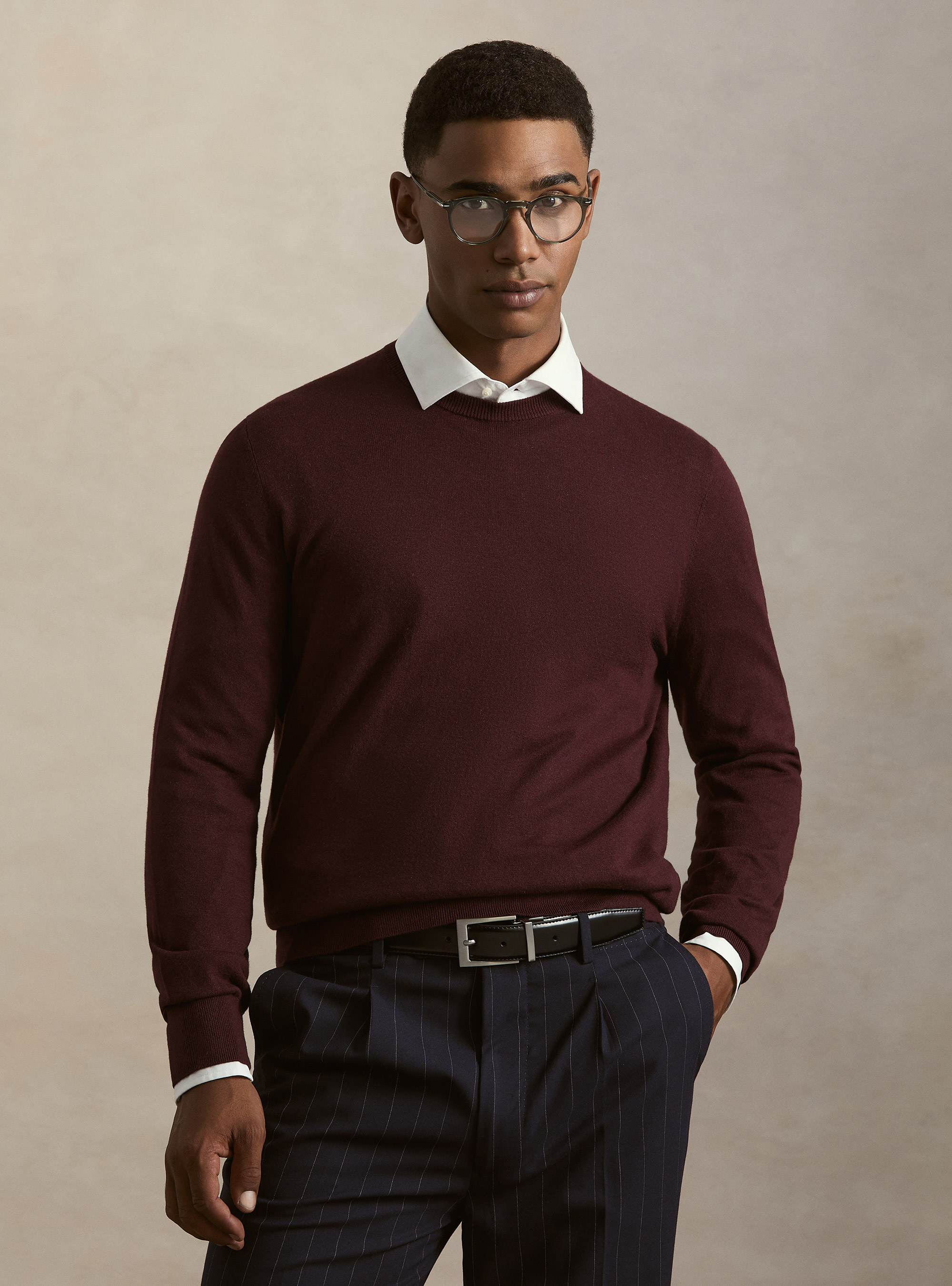 Cotton, silk and cashmere blend crewneck sweater, BORDEAUX