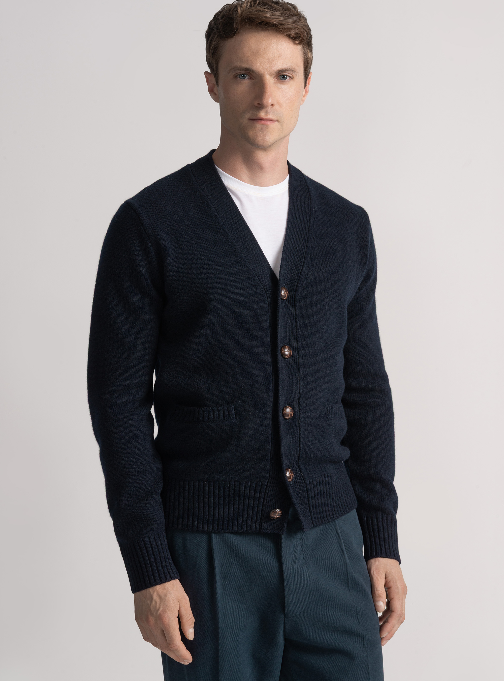 Maglia a cardigan in lana e cashmere, BLU NAVY